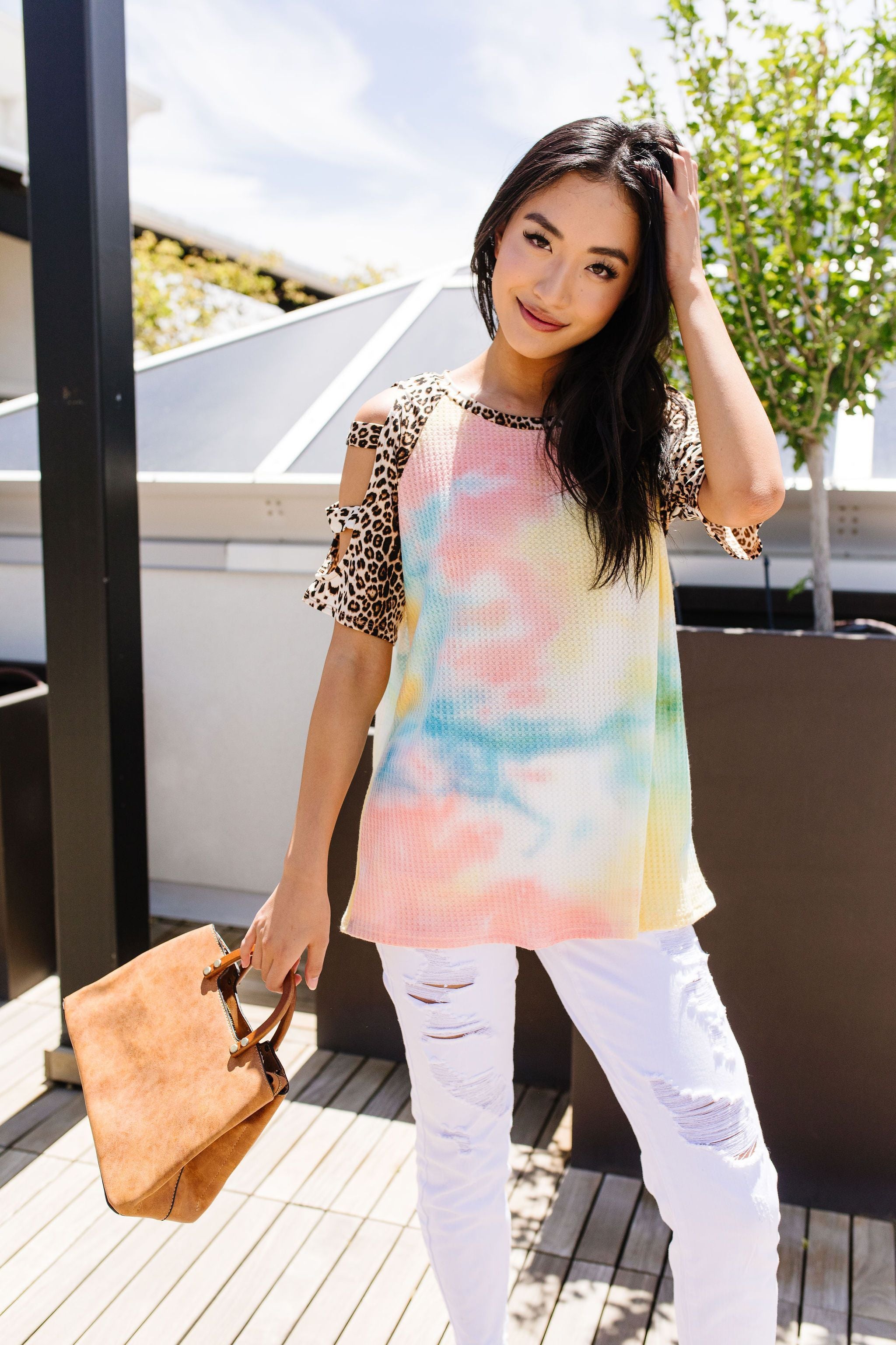Ladder Sleeve Leopard & Tie Dye Top