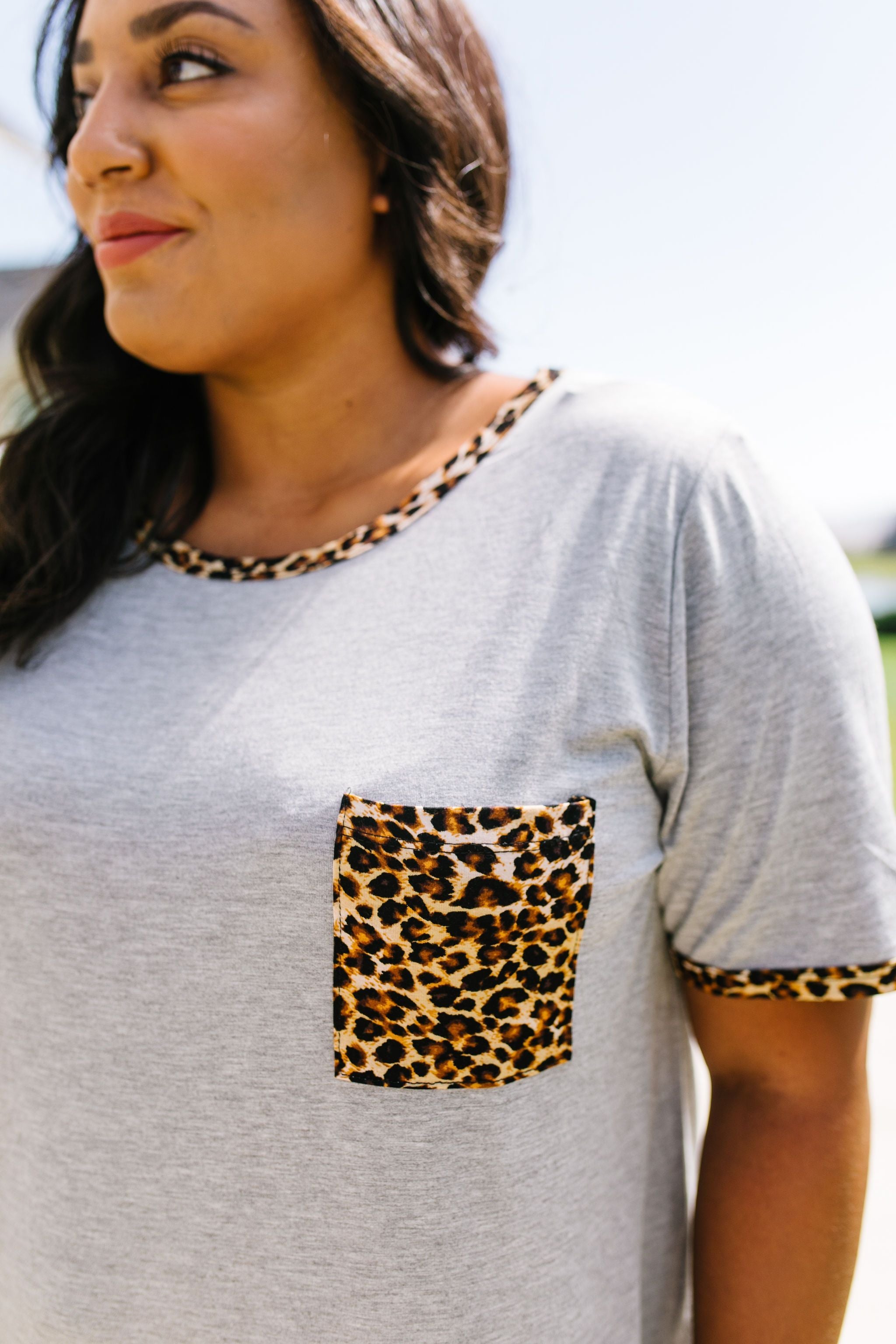 Leopard Trim Heather Gray Tee