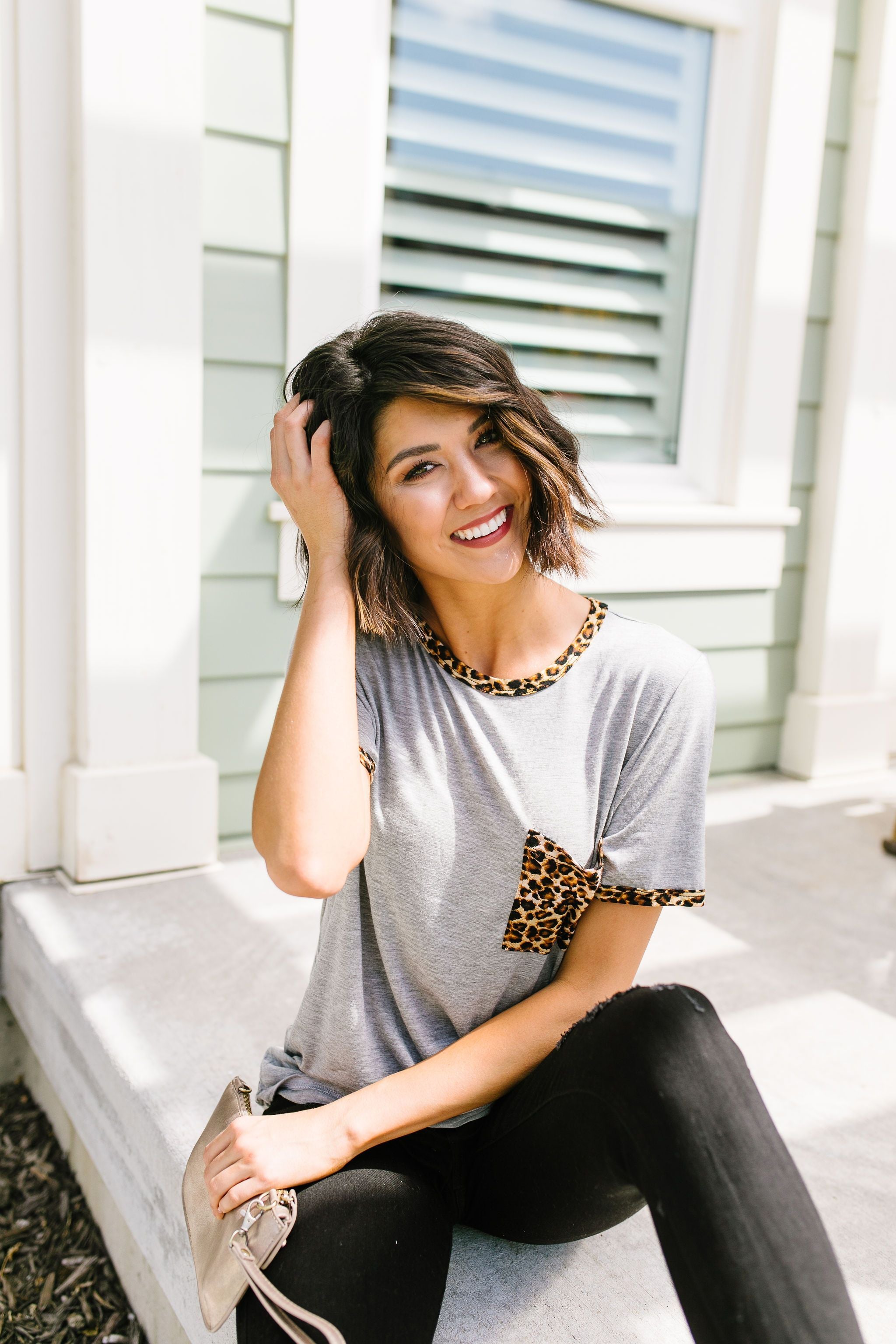 Leopard Trim Heather Gray Tee