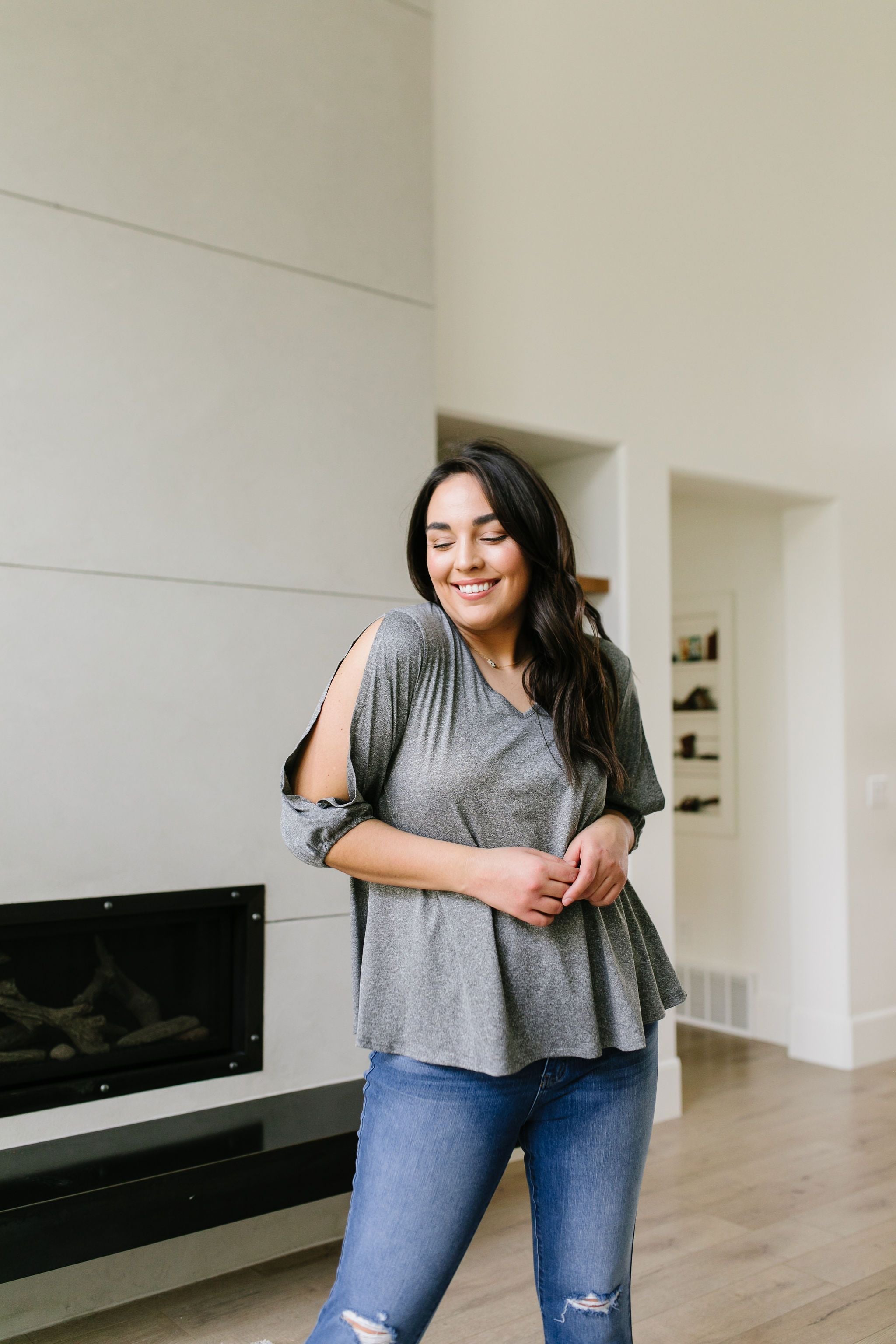 Lickity Split Sleeve Blouse In Heather Gray