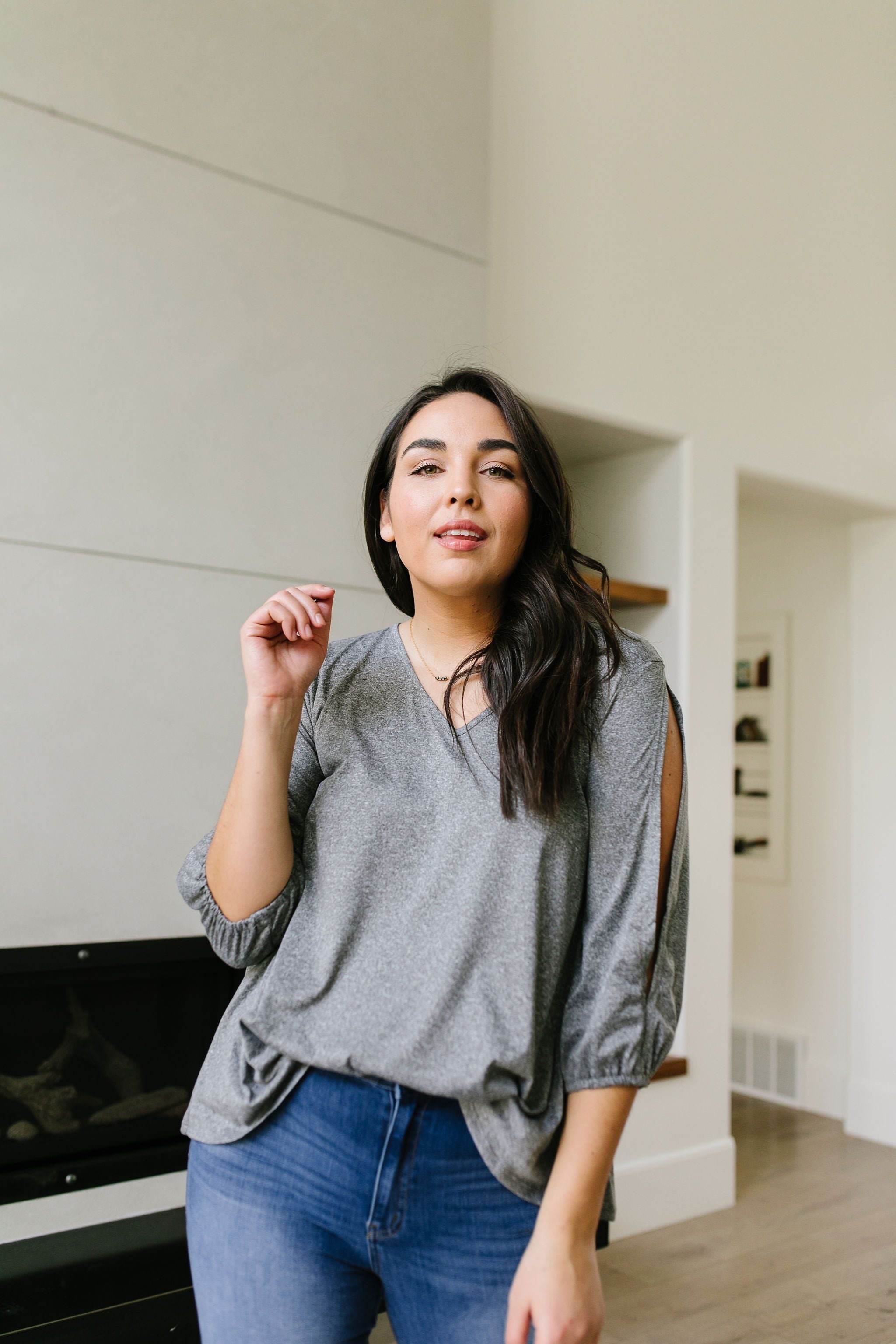 Lickity Split Sleeve Blouse In Heather Gray