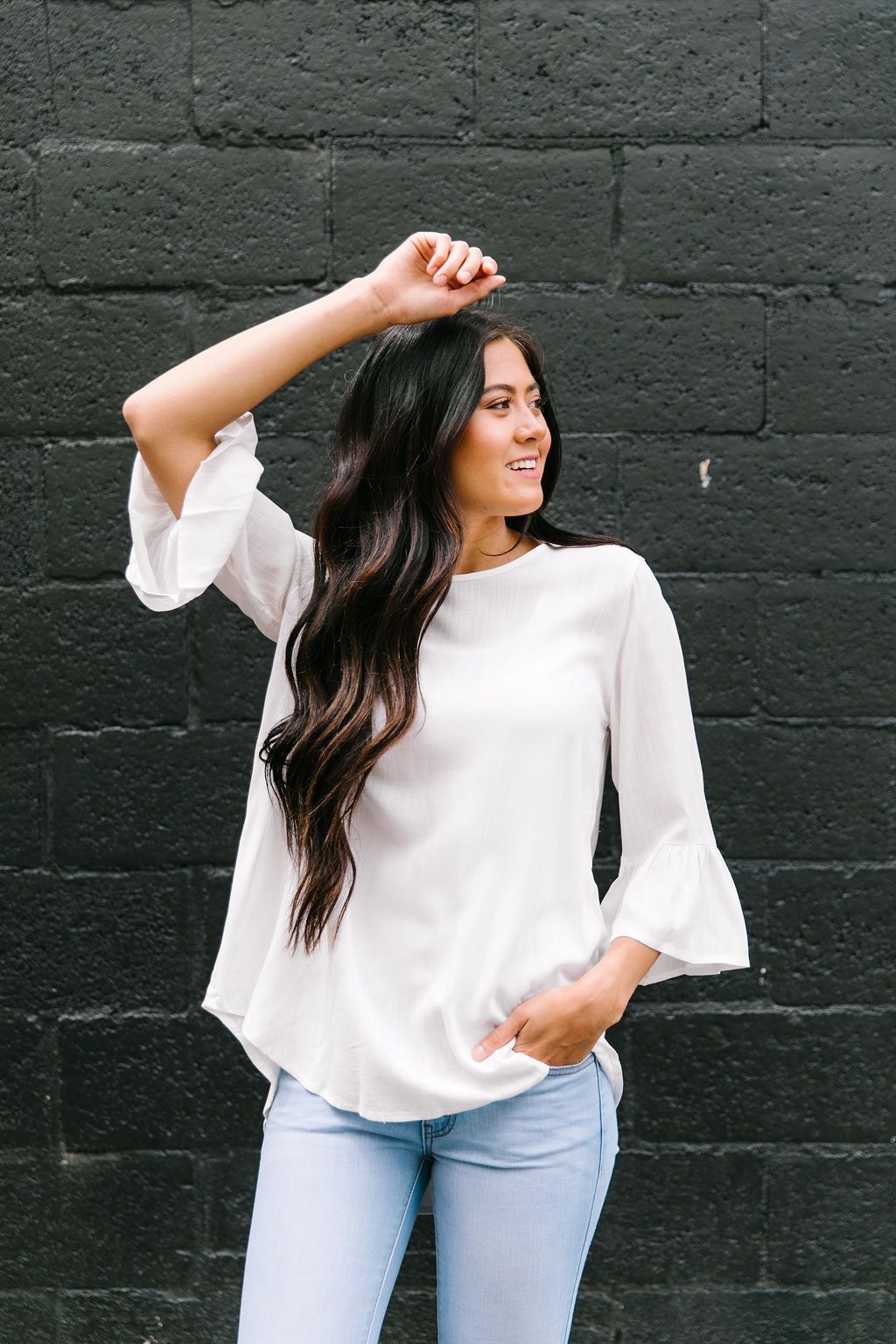 Linen-Like Trumpet Sleeve Blouse In White