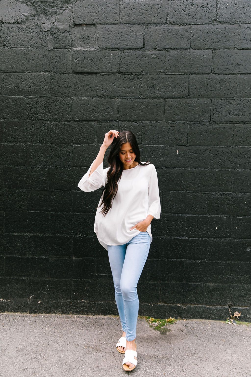 Linen-Like Trumpet Sleeve Blouse In White