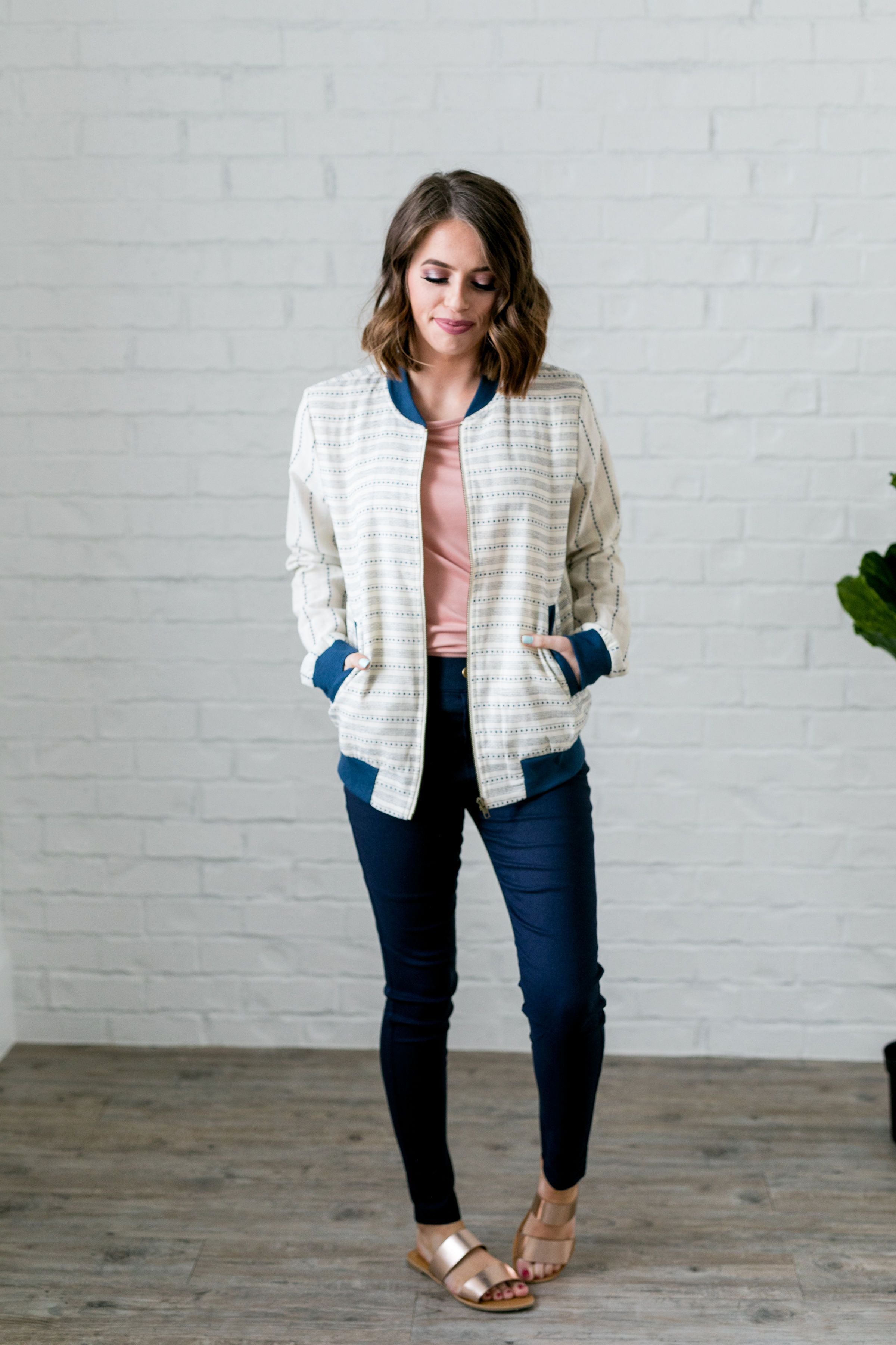 Linen + Mesh Striped Bomber Jacket