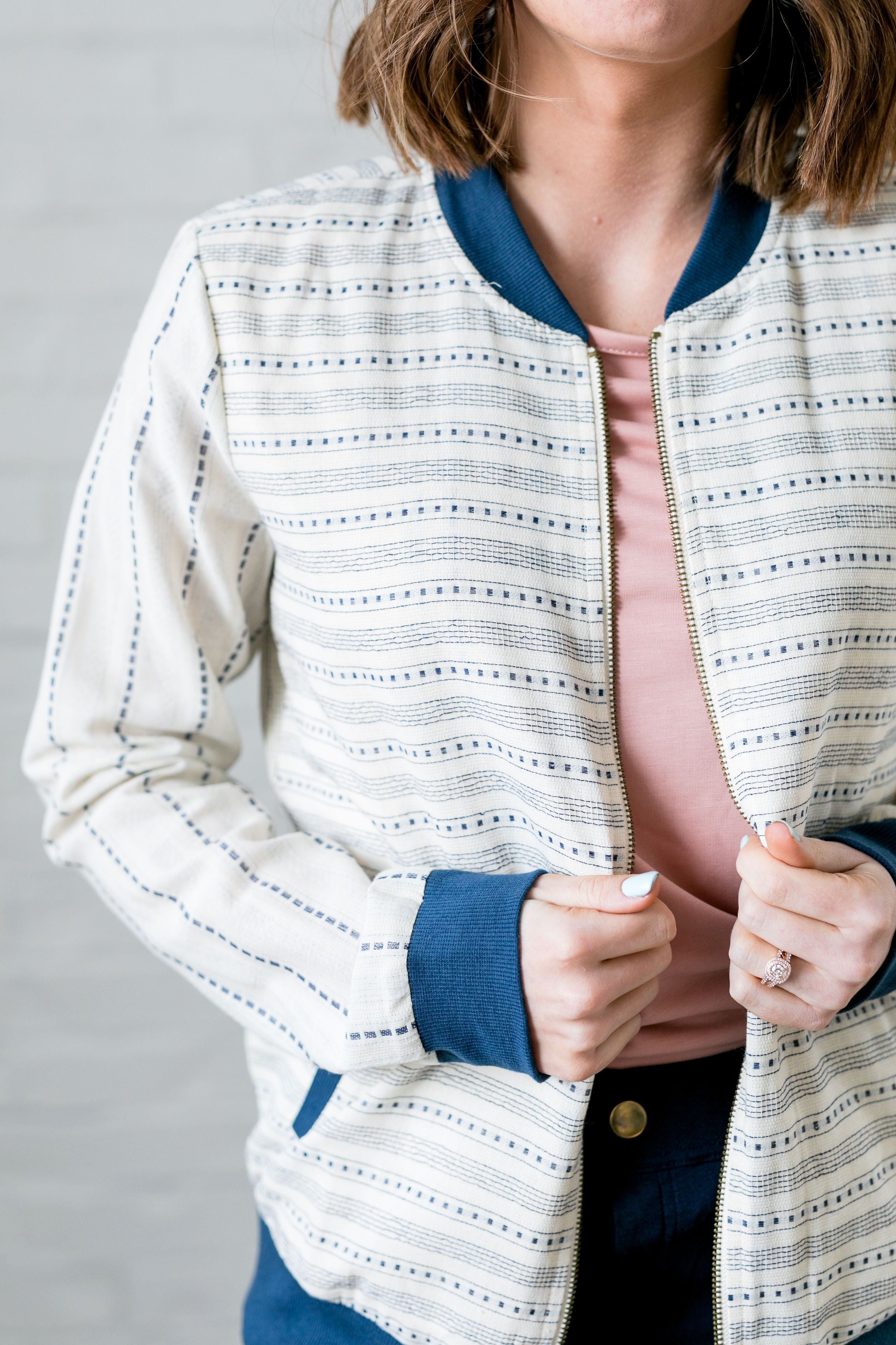 Linen + Mesh Striped Bomber Jacket