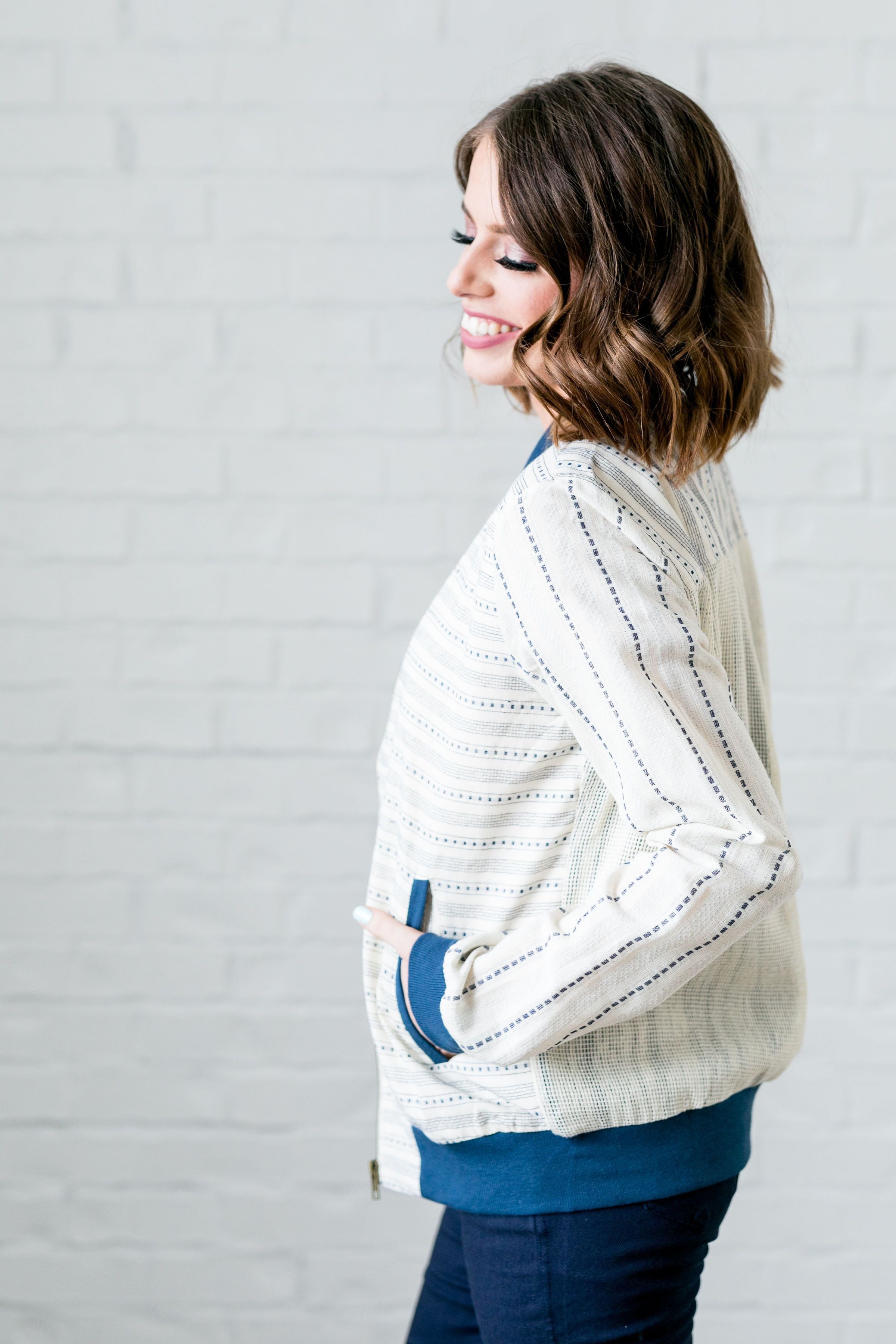 Linen + Mesh Striped Bomber Jacket