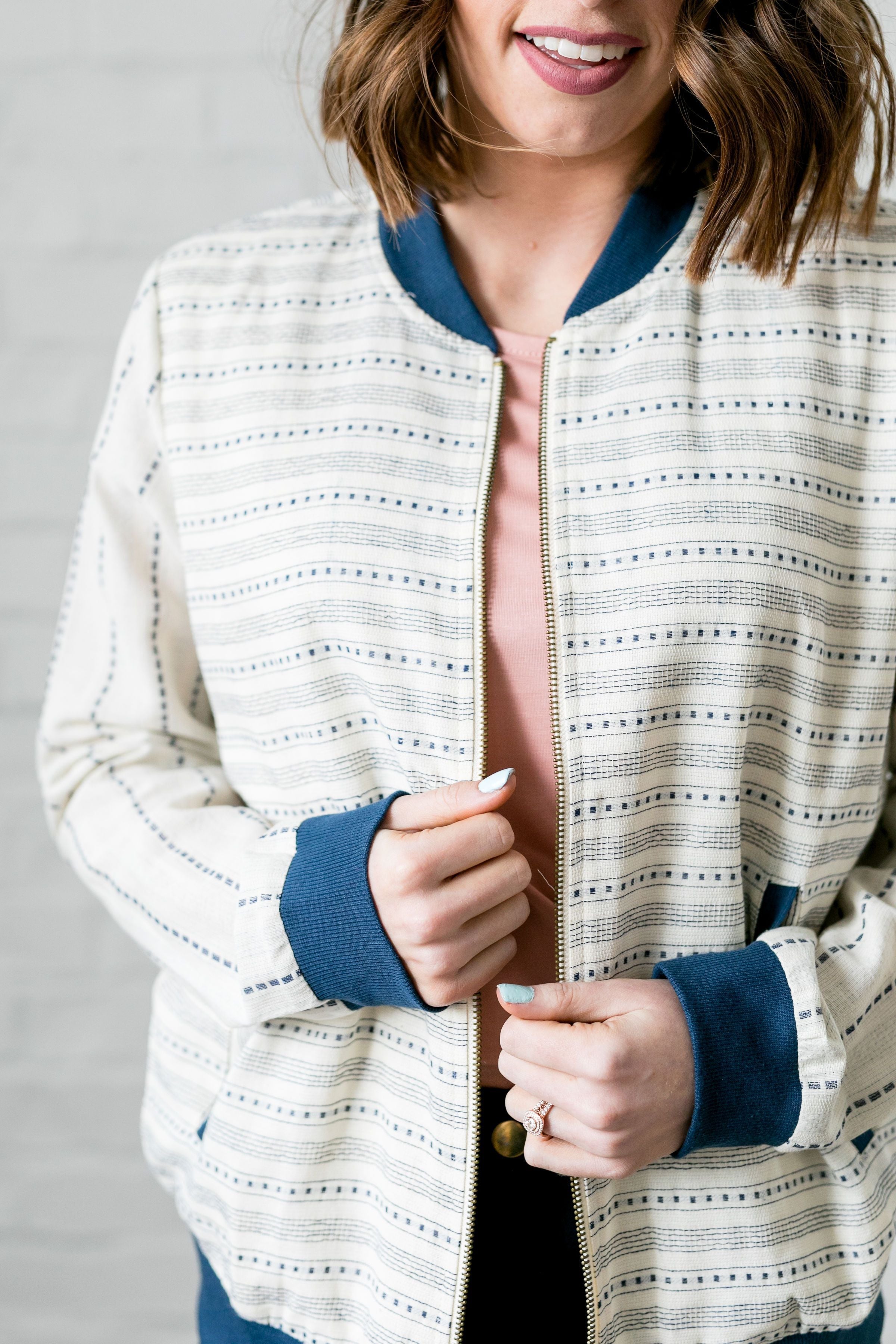 Linen + Mesh Striped Bomber Jacket
