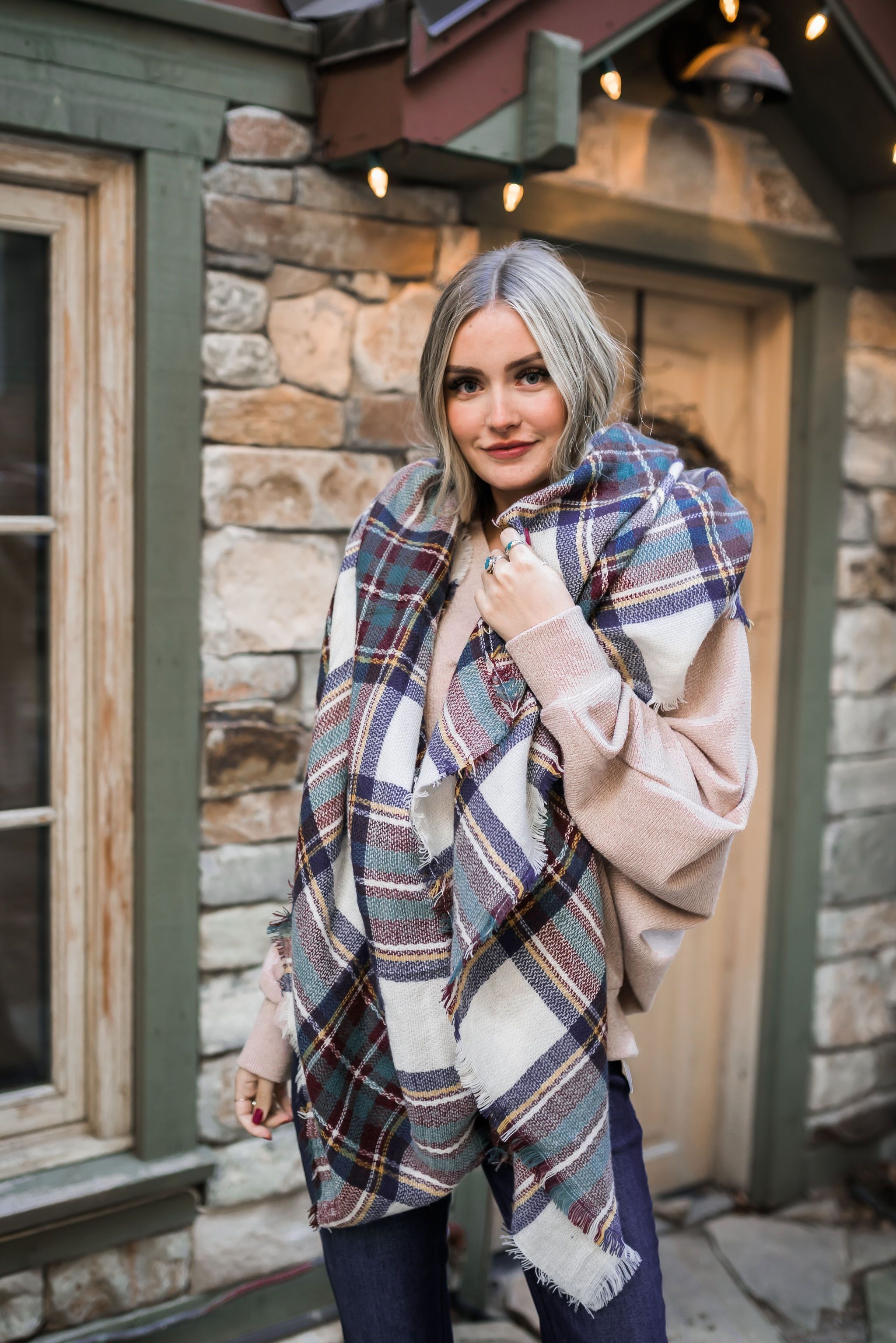 Mad For Plaid Blanket Scarf In Wine + Sage