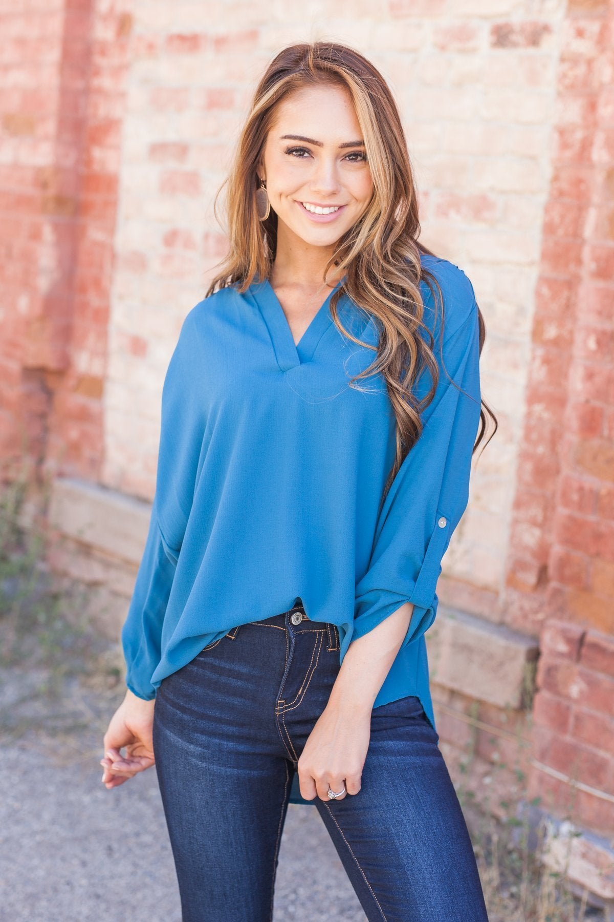 Madeline Mandarin Collared Top In Teal Blue