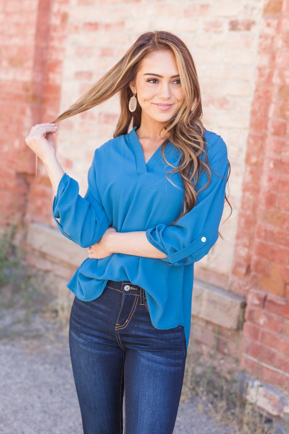 Madeline Mandarin Collared Top In Teal Blue