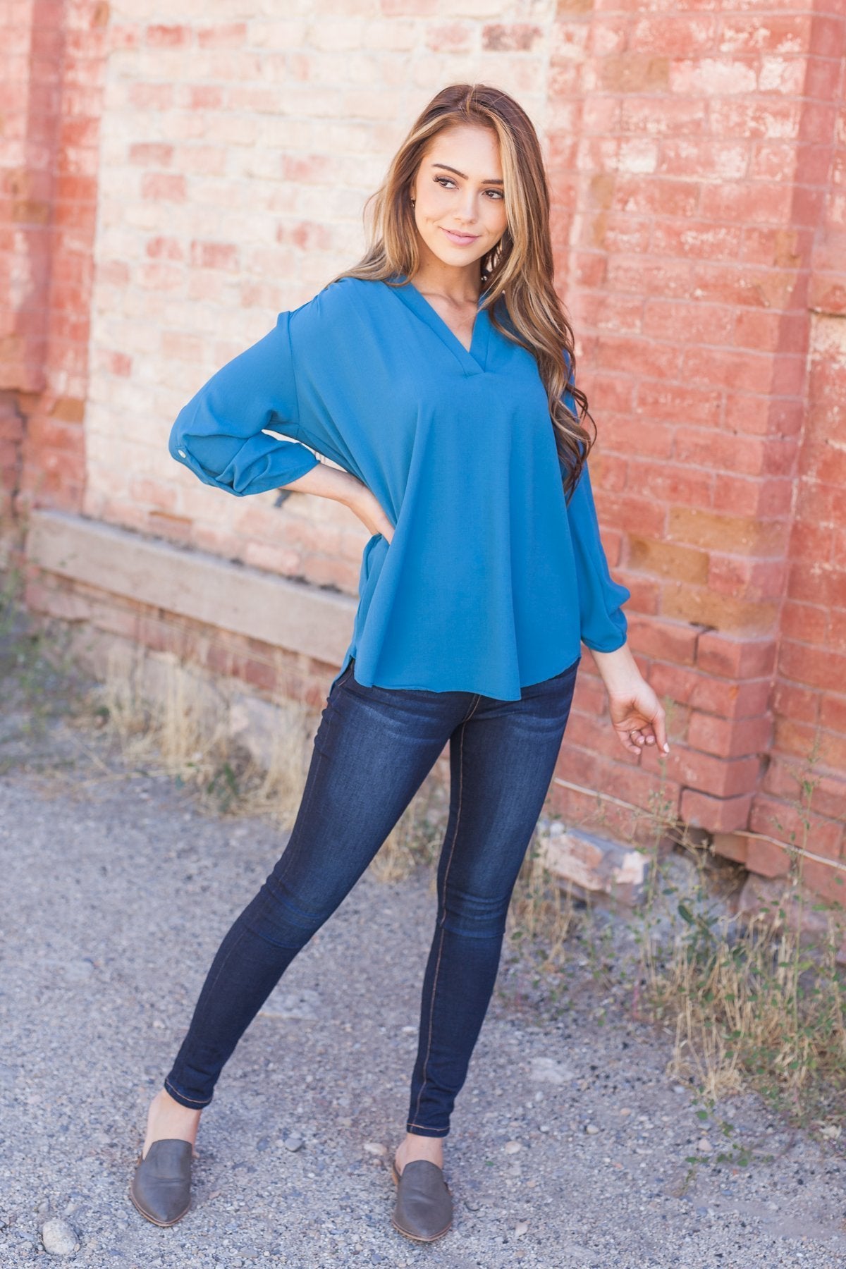 Madeline Mandarin Collared Top In Teal Blue
