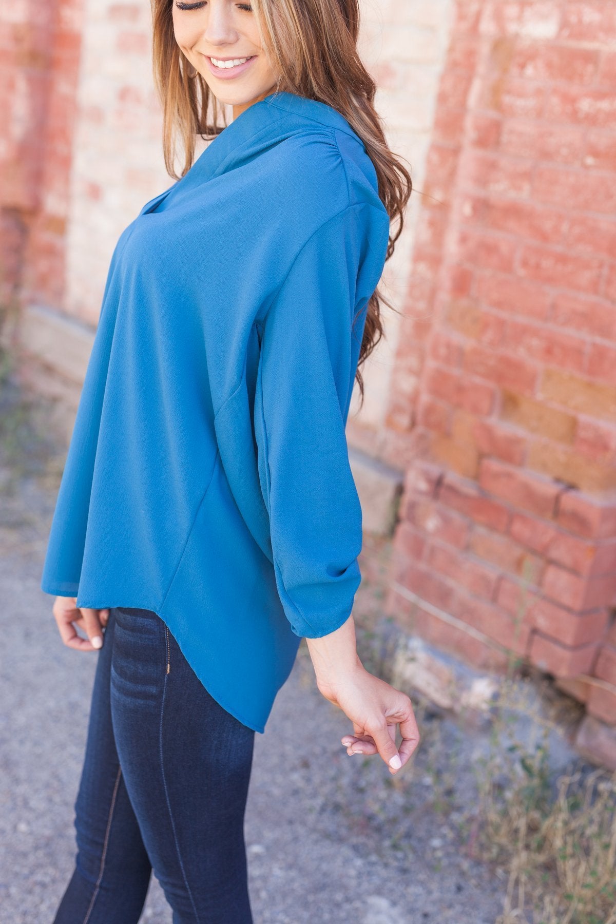 Madeline Mandarin Collared Top In Teal Blue