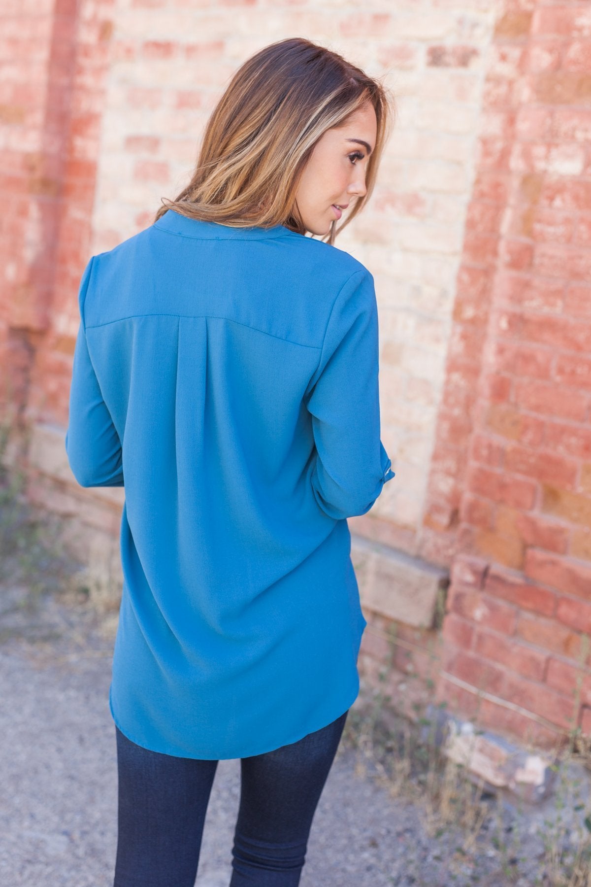Madeline Mandarin Collared Top In Teal Blue