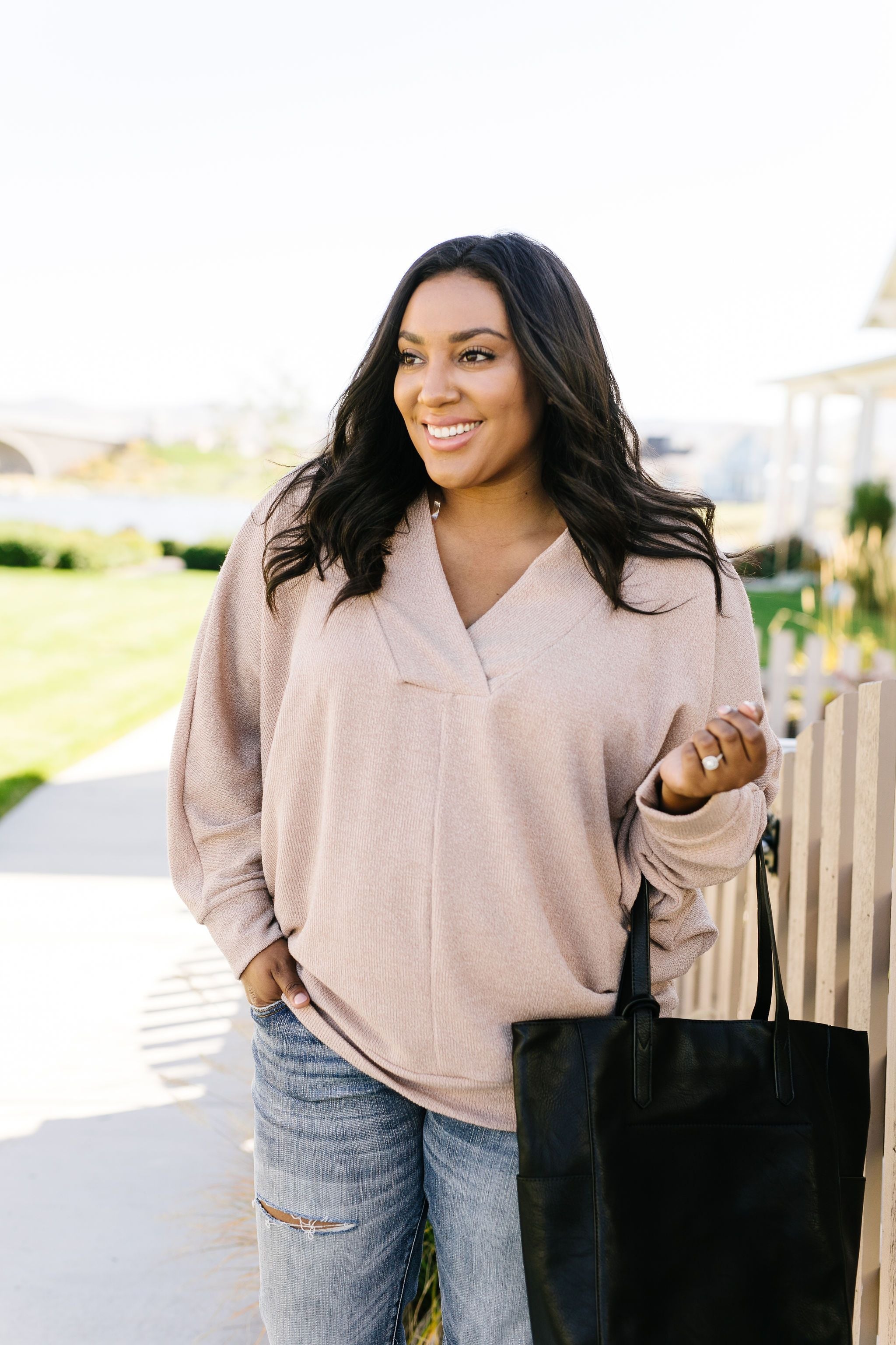 Magnificent V-Neck Top In Taupe