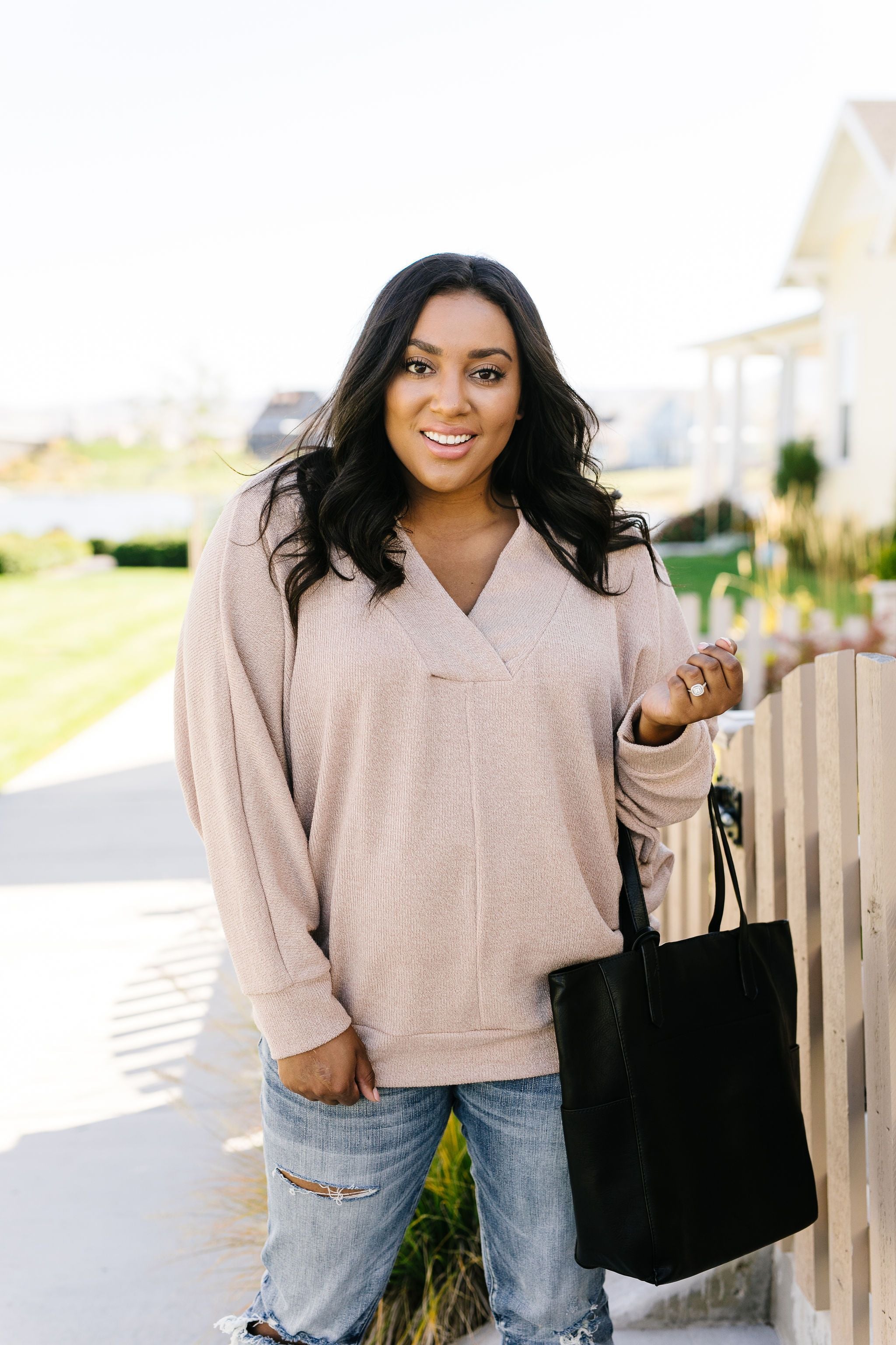 Magnificent V-Neck Top In Taupe