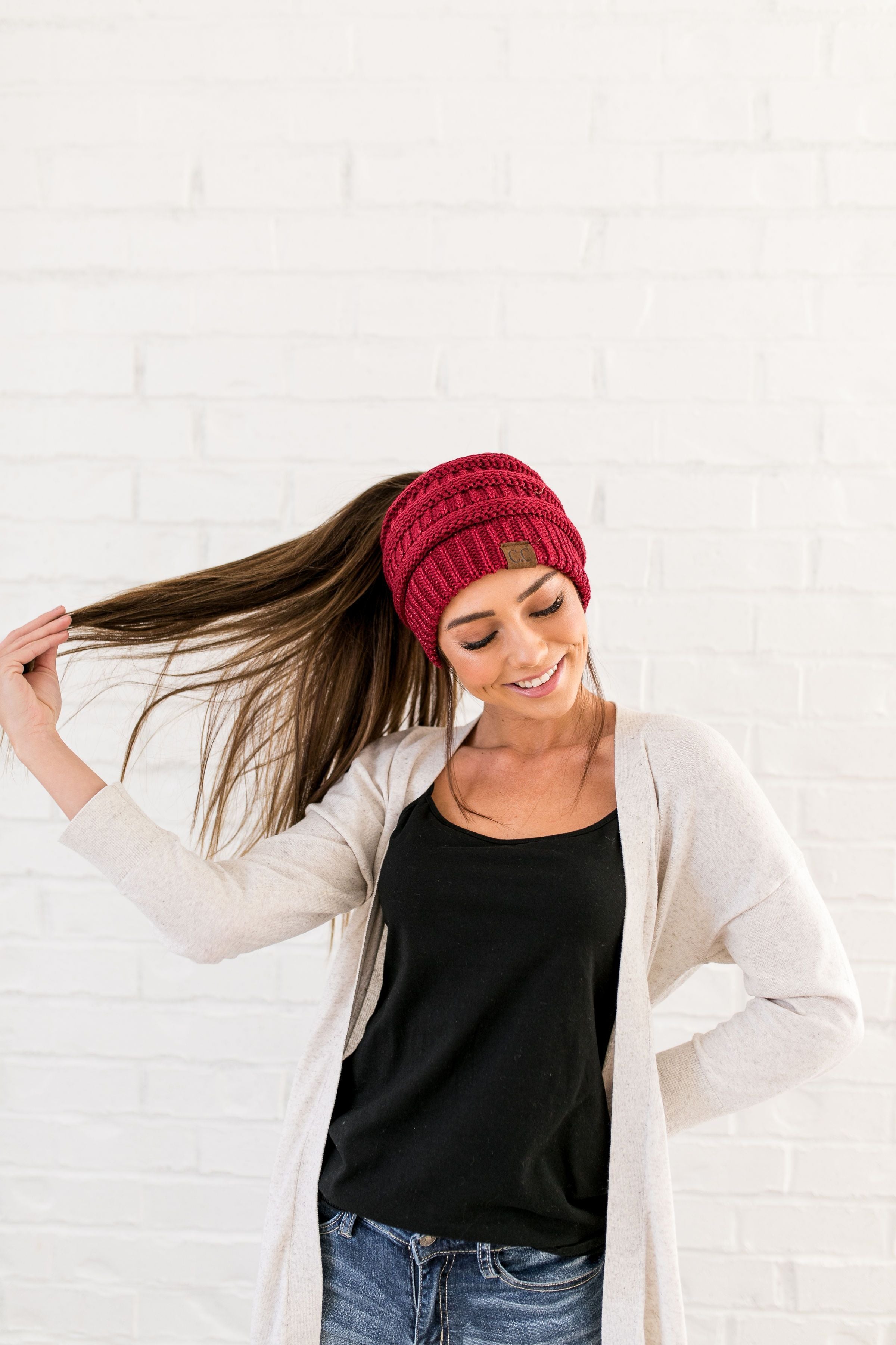 Messy Bun Metallic Beanie In Metallic Burgundy - ALL SALES FINAL