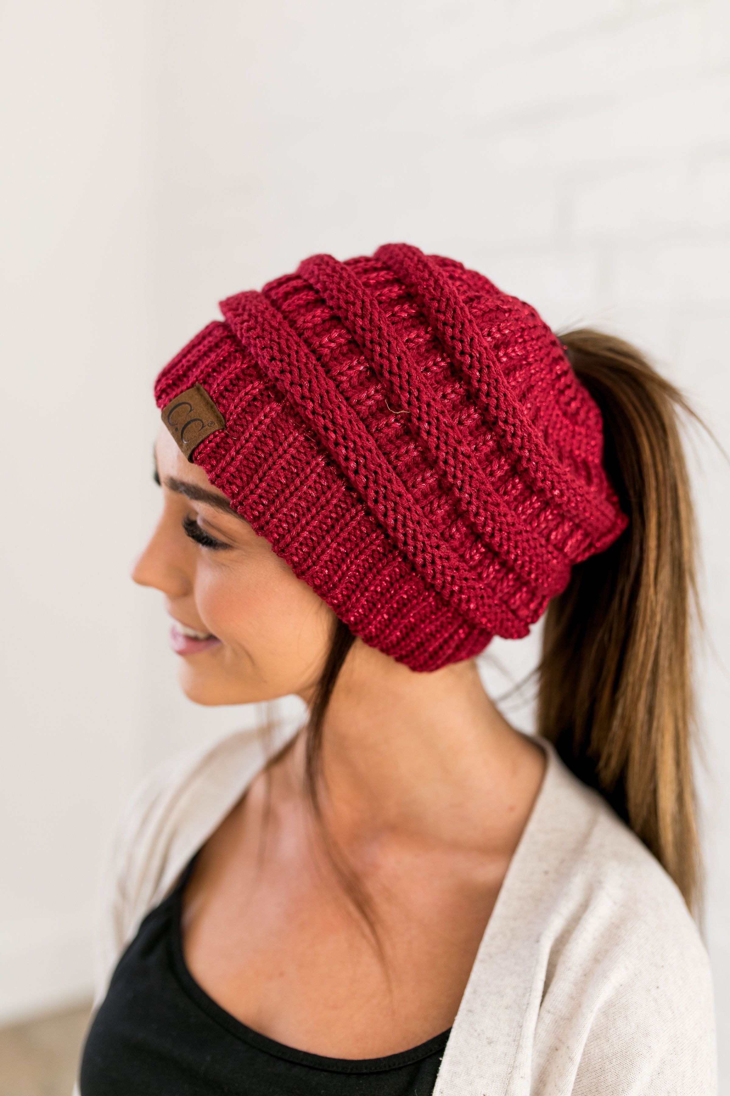 Messy Bun Metallic Beanie In Metallic Burgundy - ALL SALES FINAL