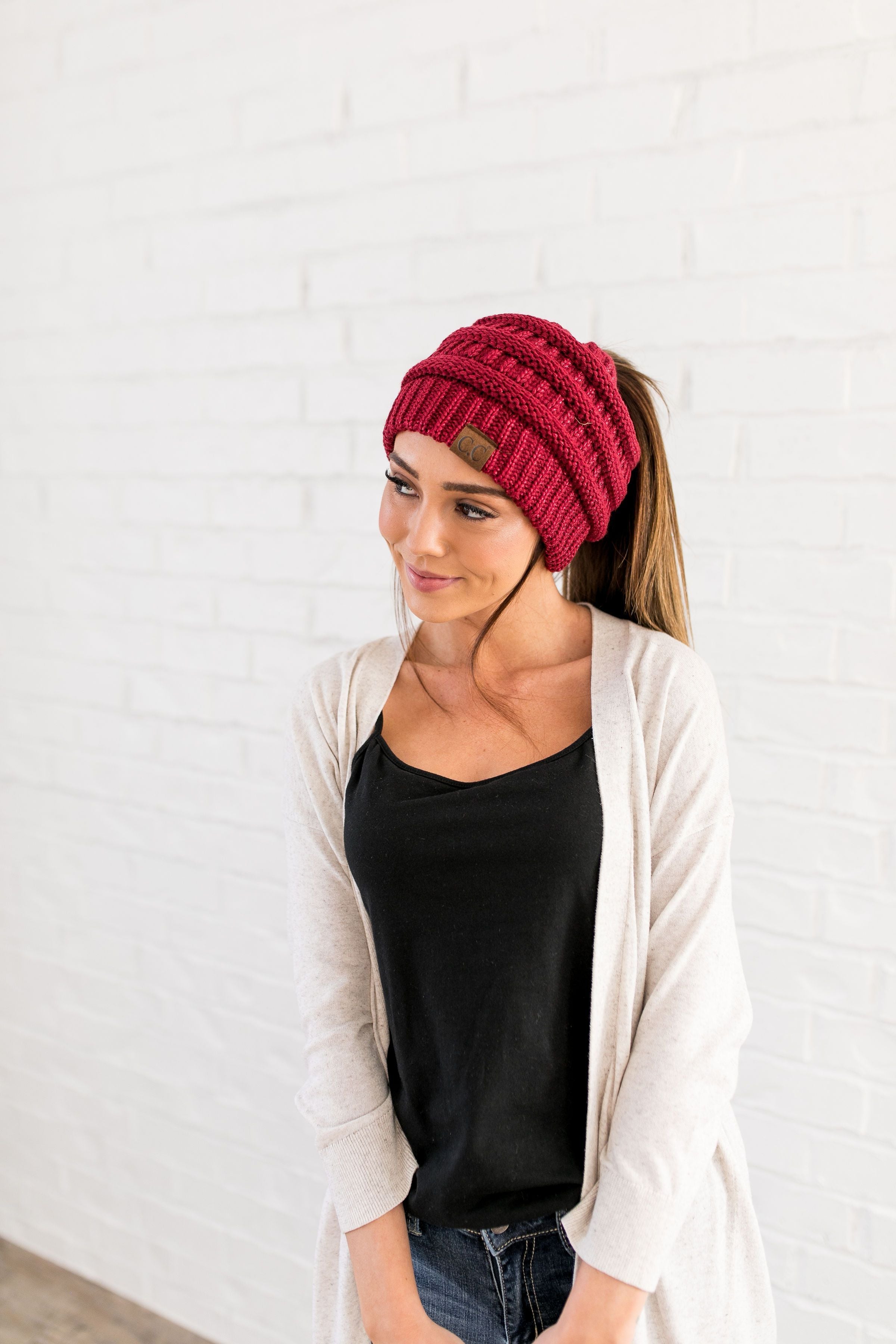 Messy Bun Metallic Beanie In Metallic Burgundy - ALL SALES FINAL