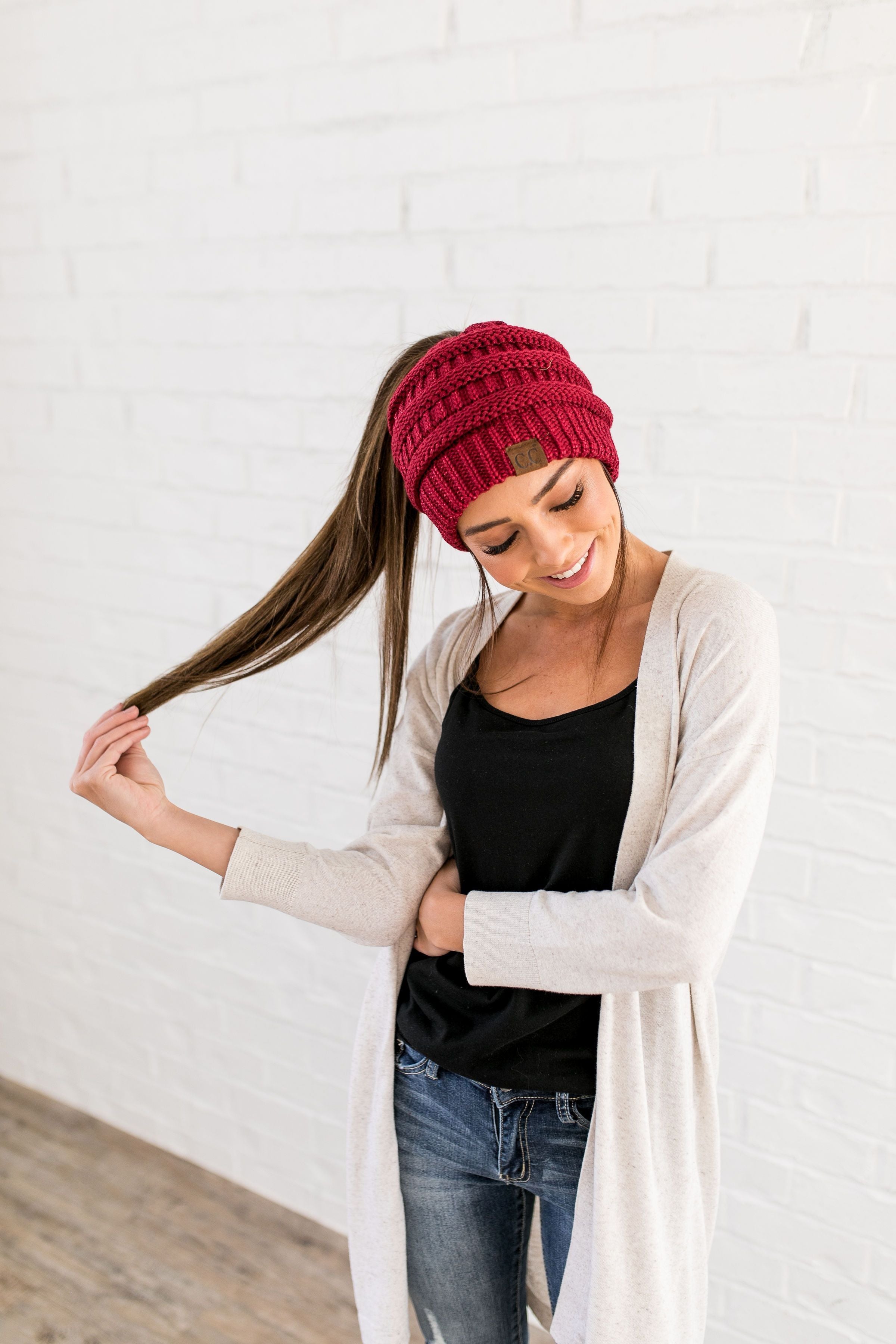 Messy Bun Metallic Beanie In Metallic Burgundy - ALL SALES FINAL