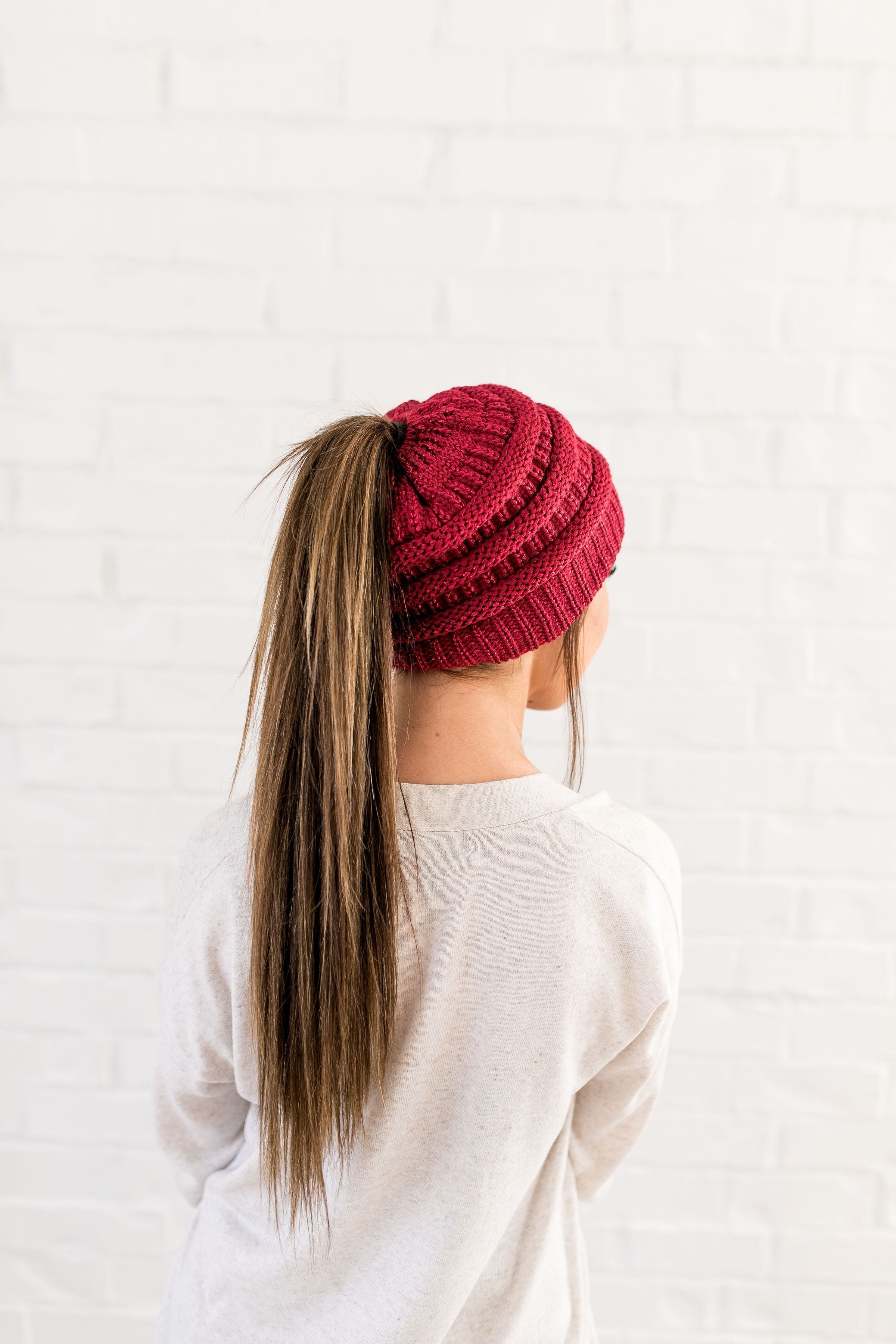 Messy Bun Metallic Beanie In Metallic Burgundy - ALL SALES FINAL