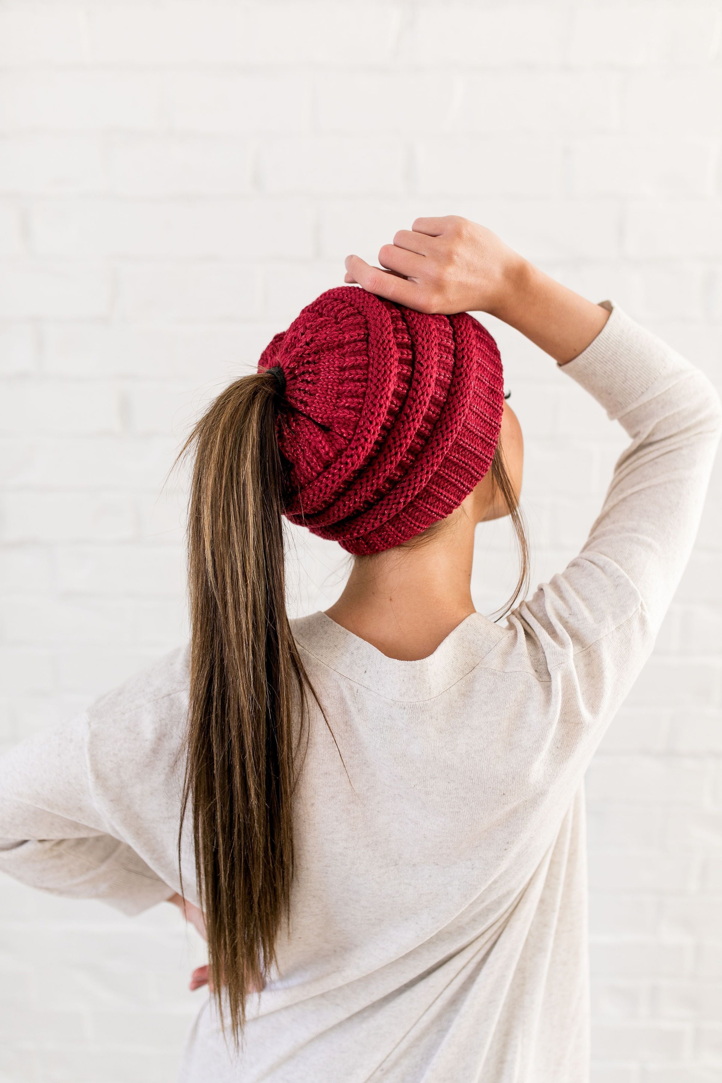 Messy Bun Metallic Beanie In Metallic Burgundy - ALL SALES FINAL