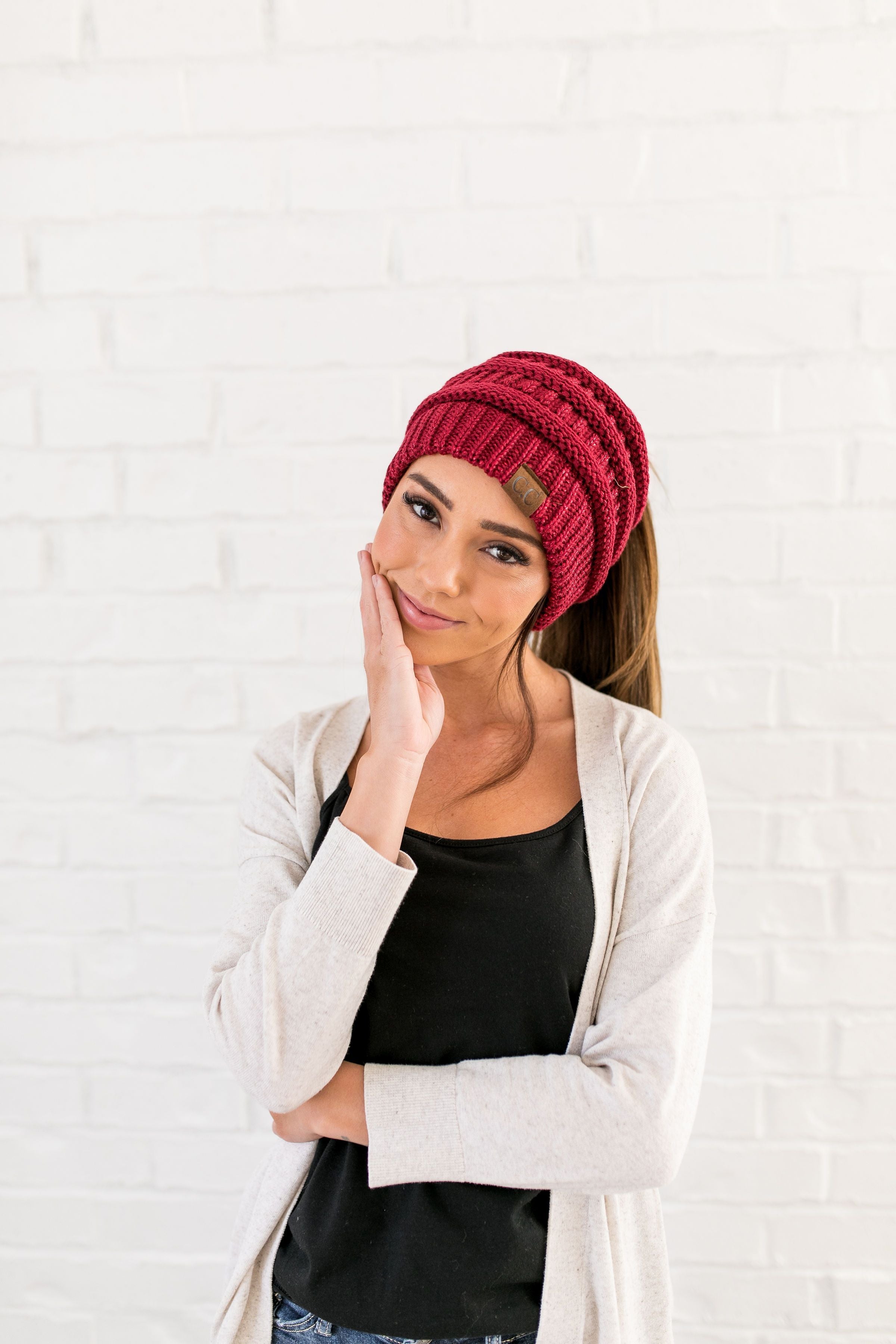 Messy Bun Metallic Beanie In Metallic Burgundy - ALL SALES FINAL
