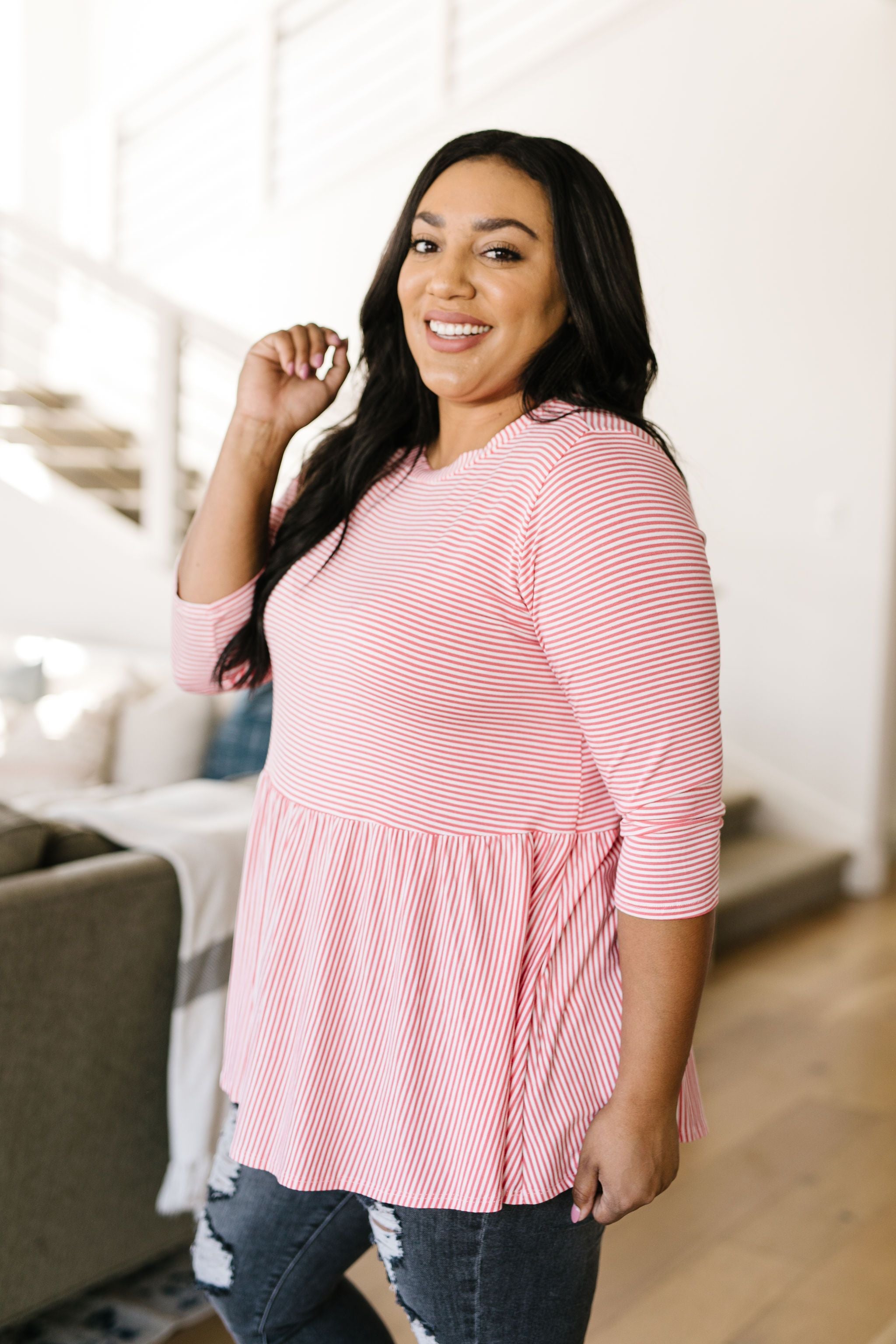 Mini Striped Babydoll Top In Coral