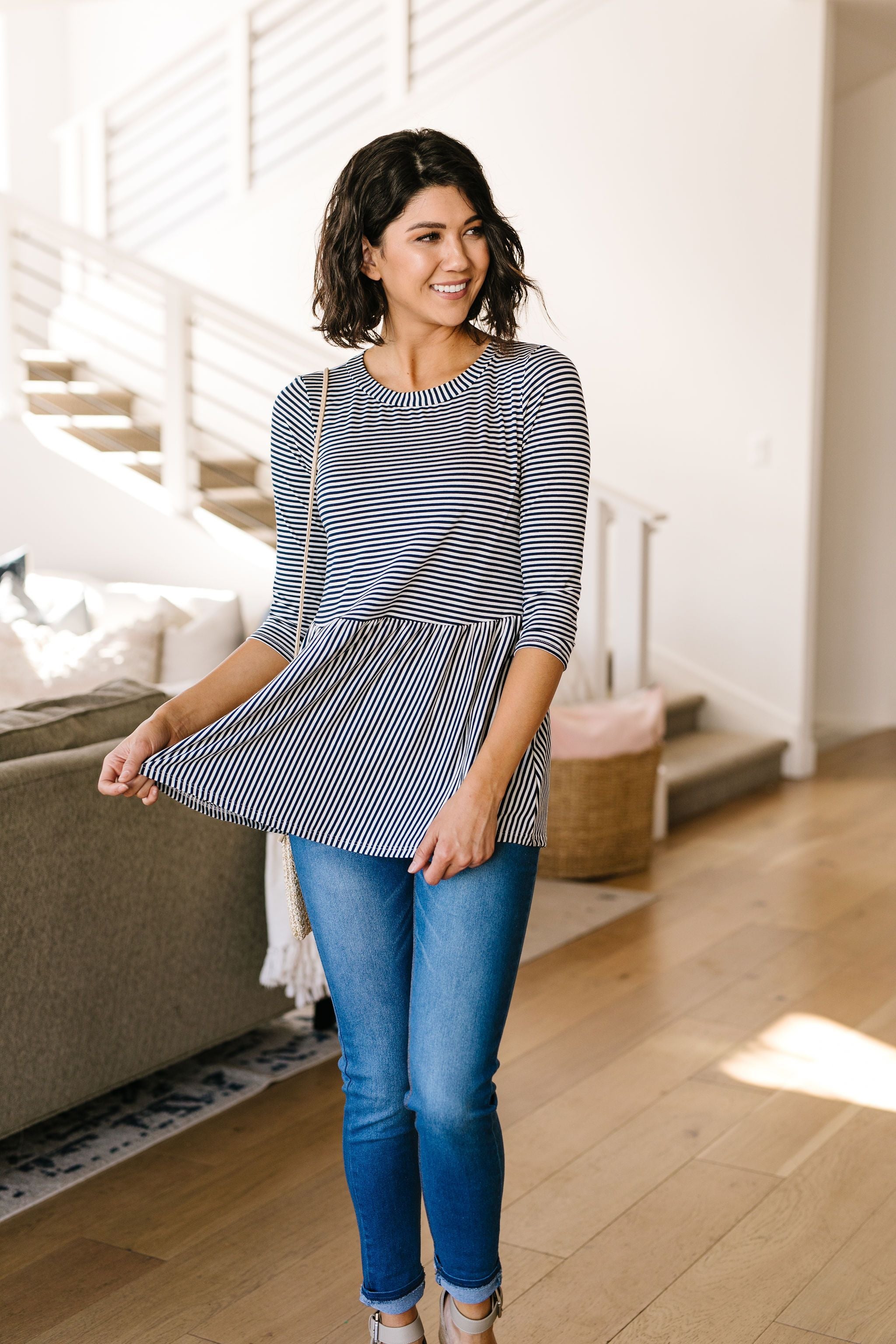 Mini Striped Babydoll Top In Navy