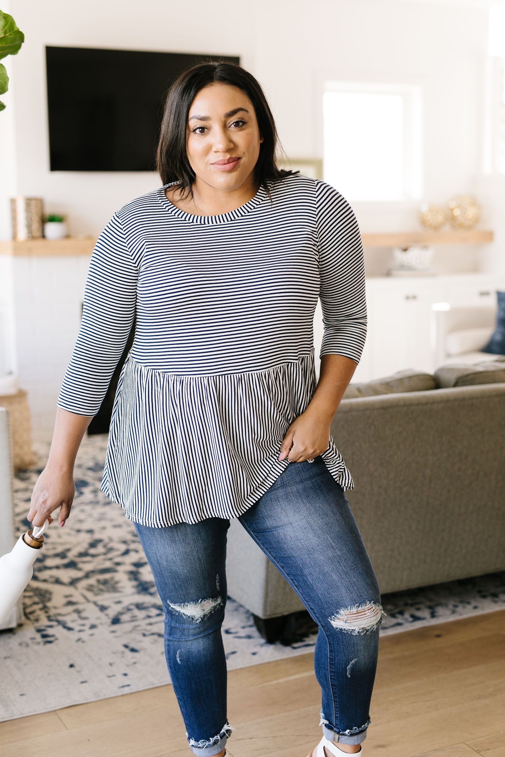 Mini Striped Babydoll Top In Navy