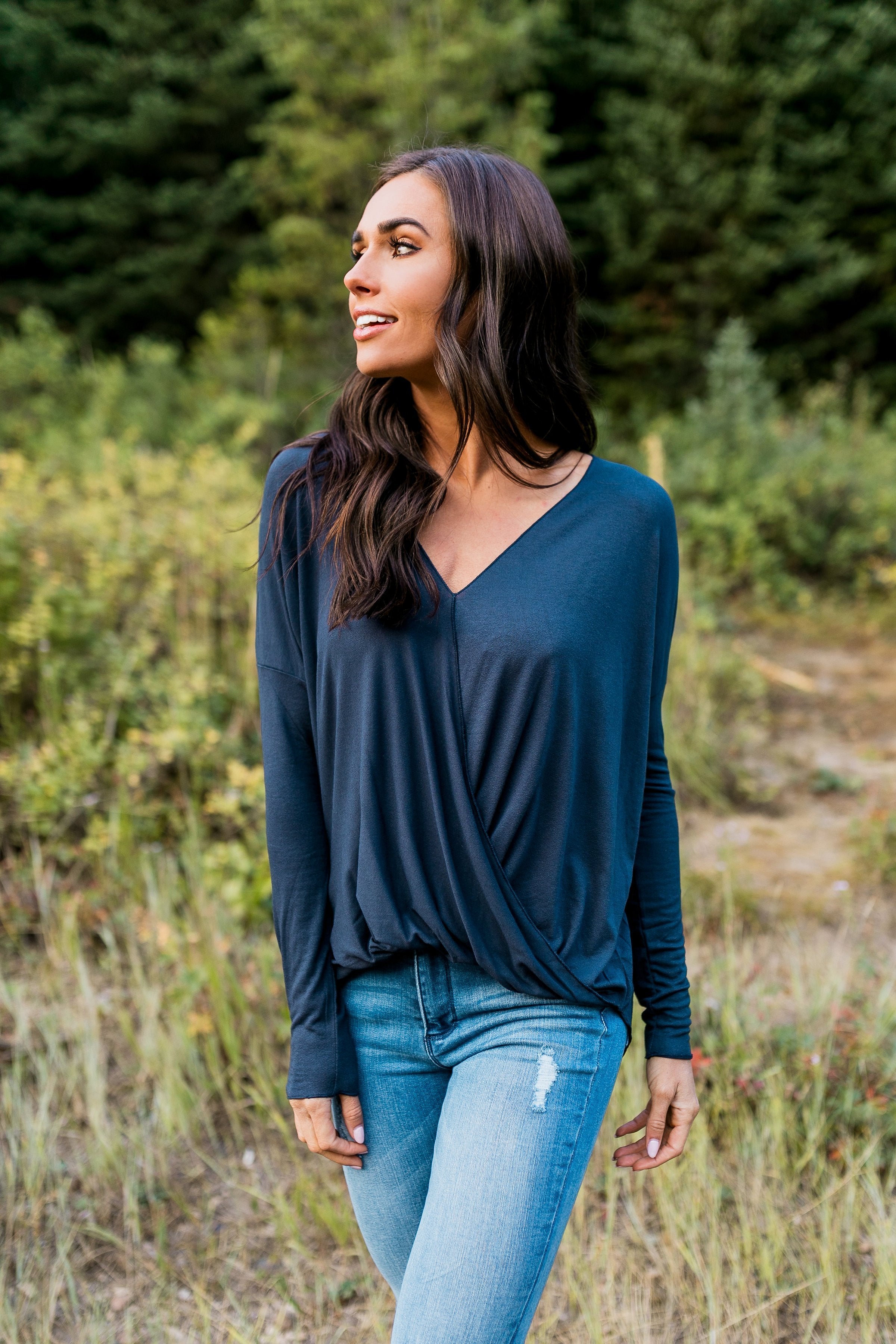 Moonlit Nights Wrap Top In Navy