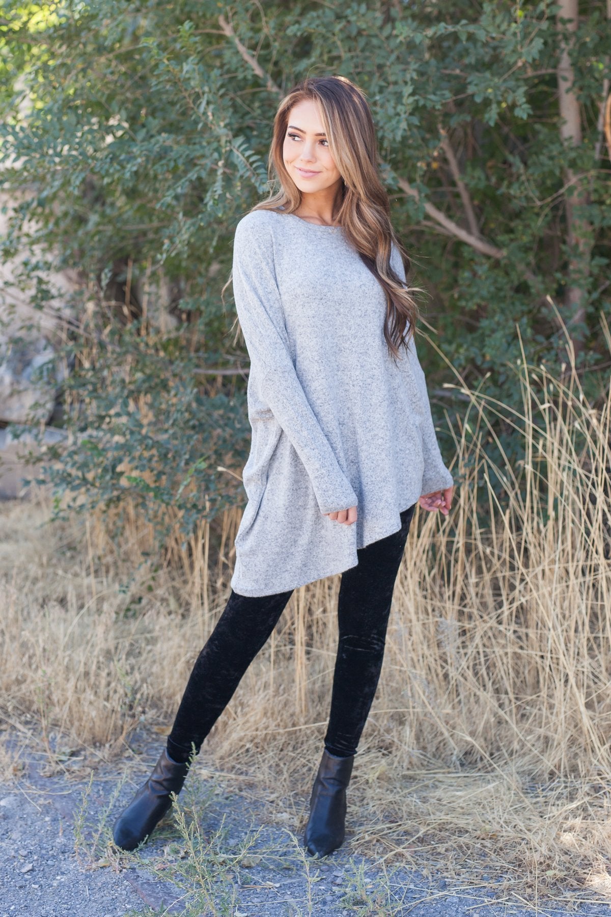 Off Balance On Trend Top In Heather Gray