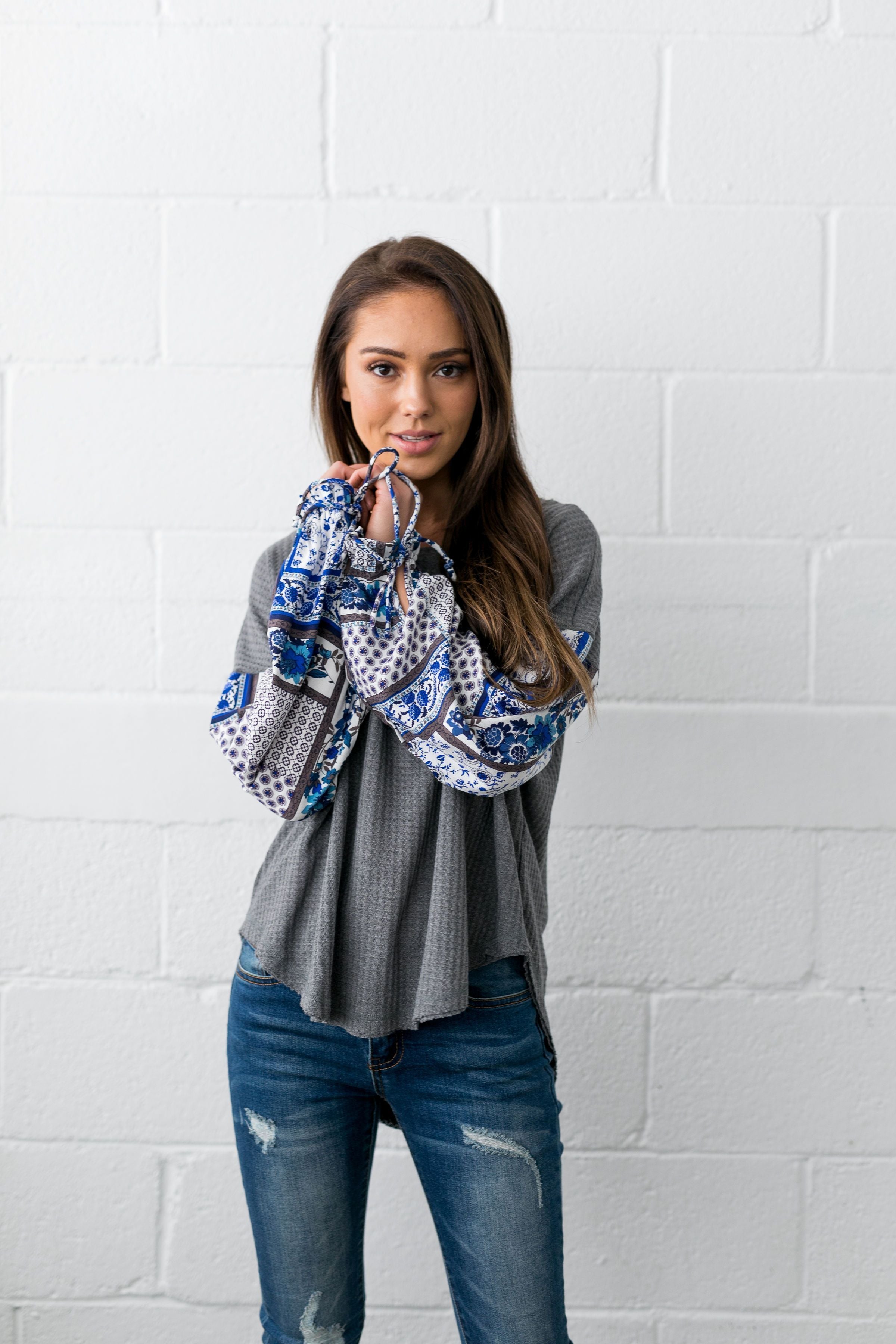 Patchwork Of Promises Top In Gray - ALL SALES FINAL