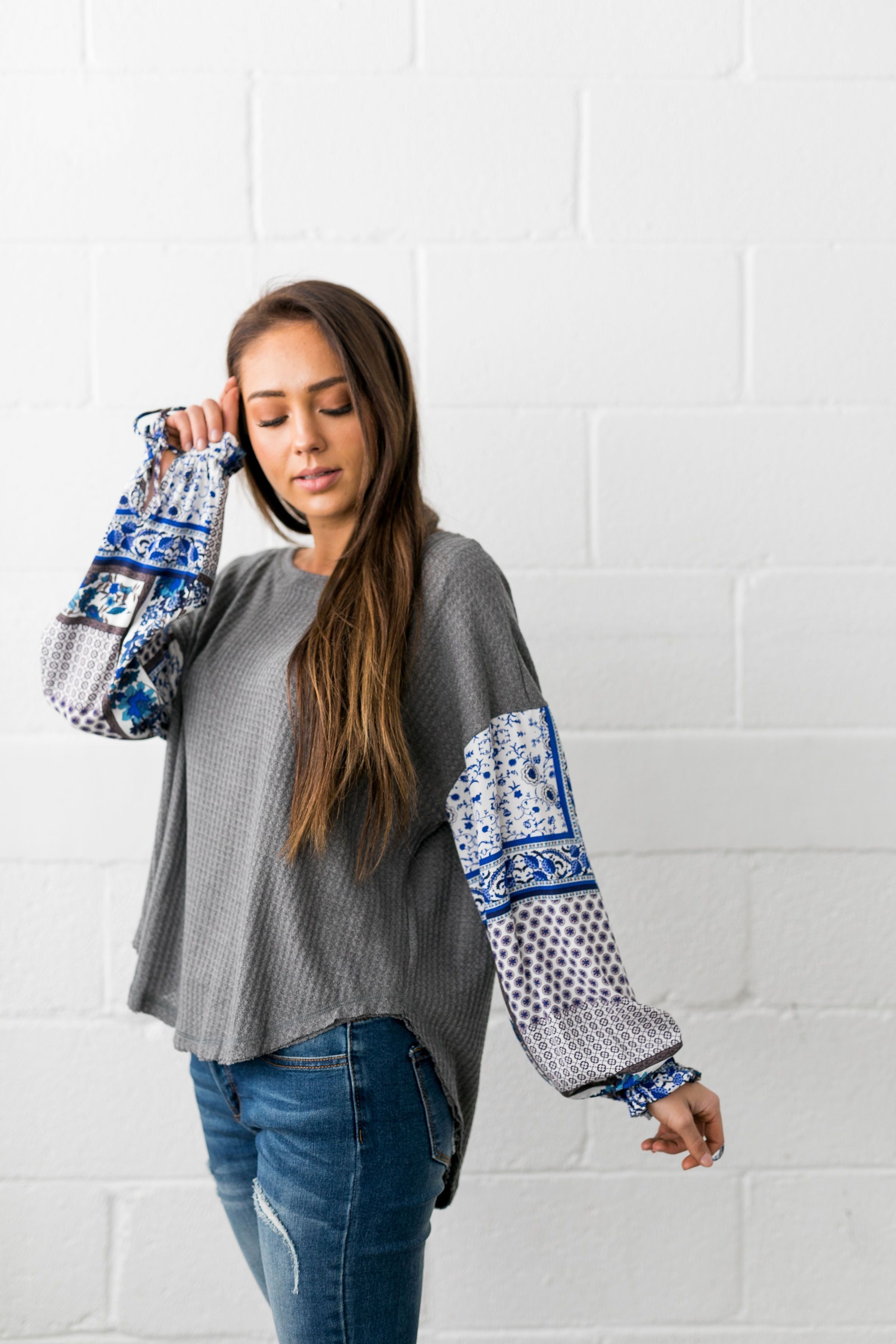 Patchwork Of Promises Top In Gray - ALL SALES FINAL