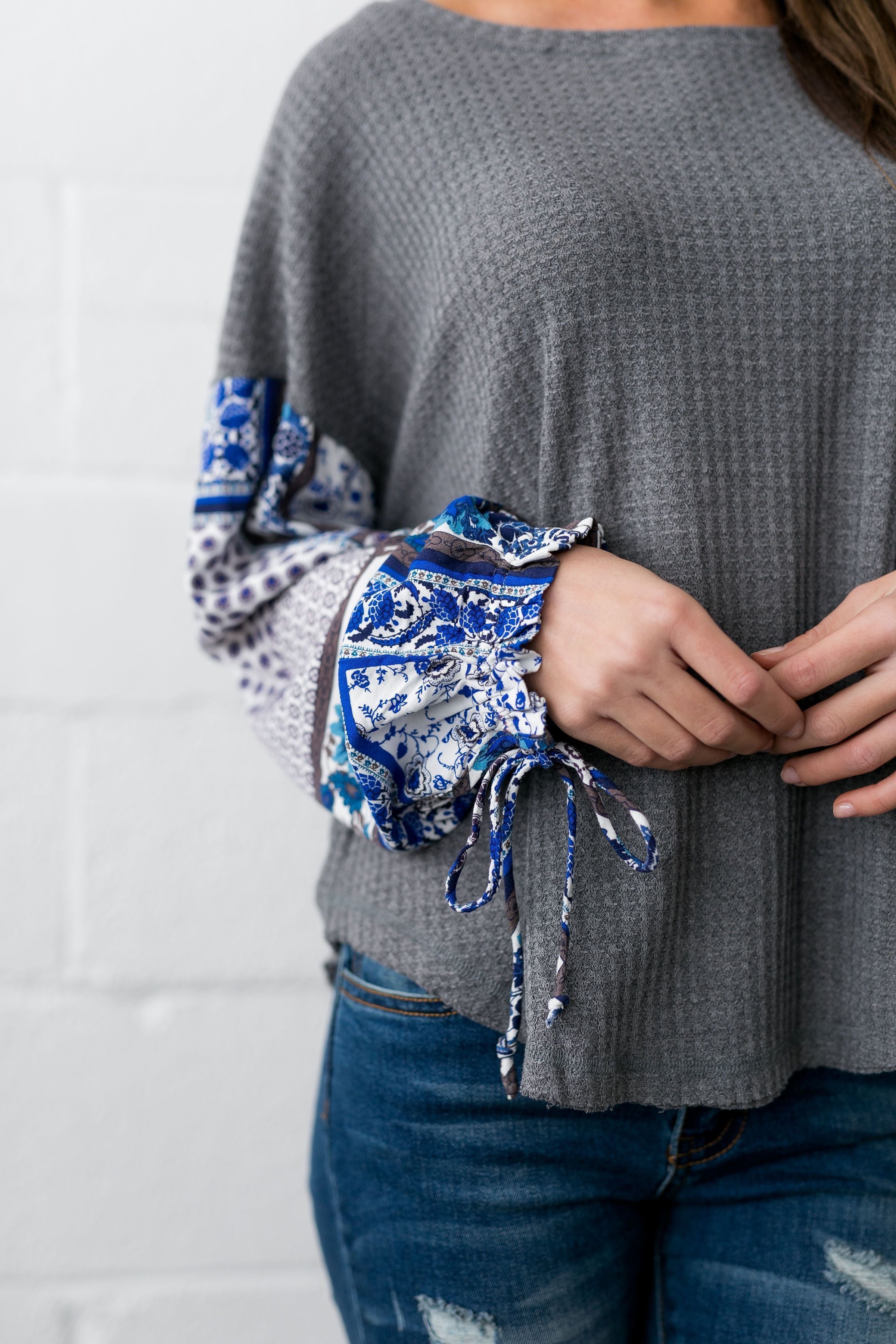 Patchwork Of Promises Top In Gray - ALL SALES FINAL