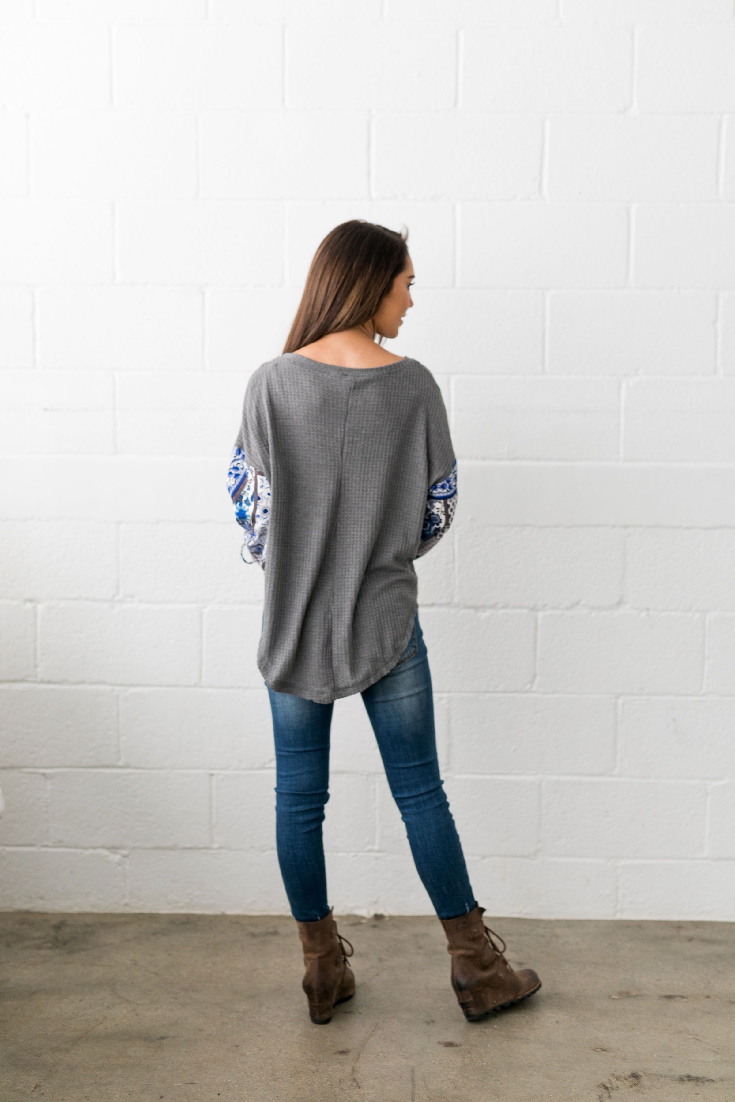 Patchwork Of Promises Top In Gray - ALL SALES FINAL