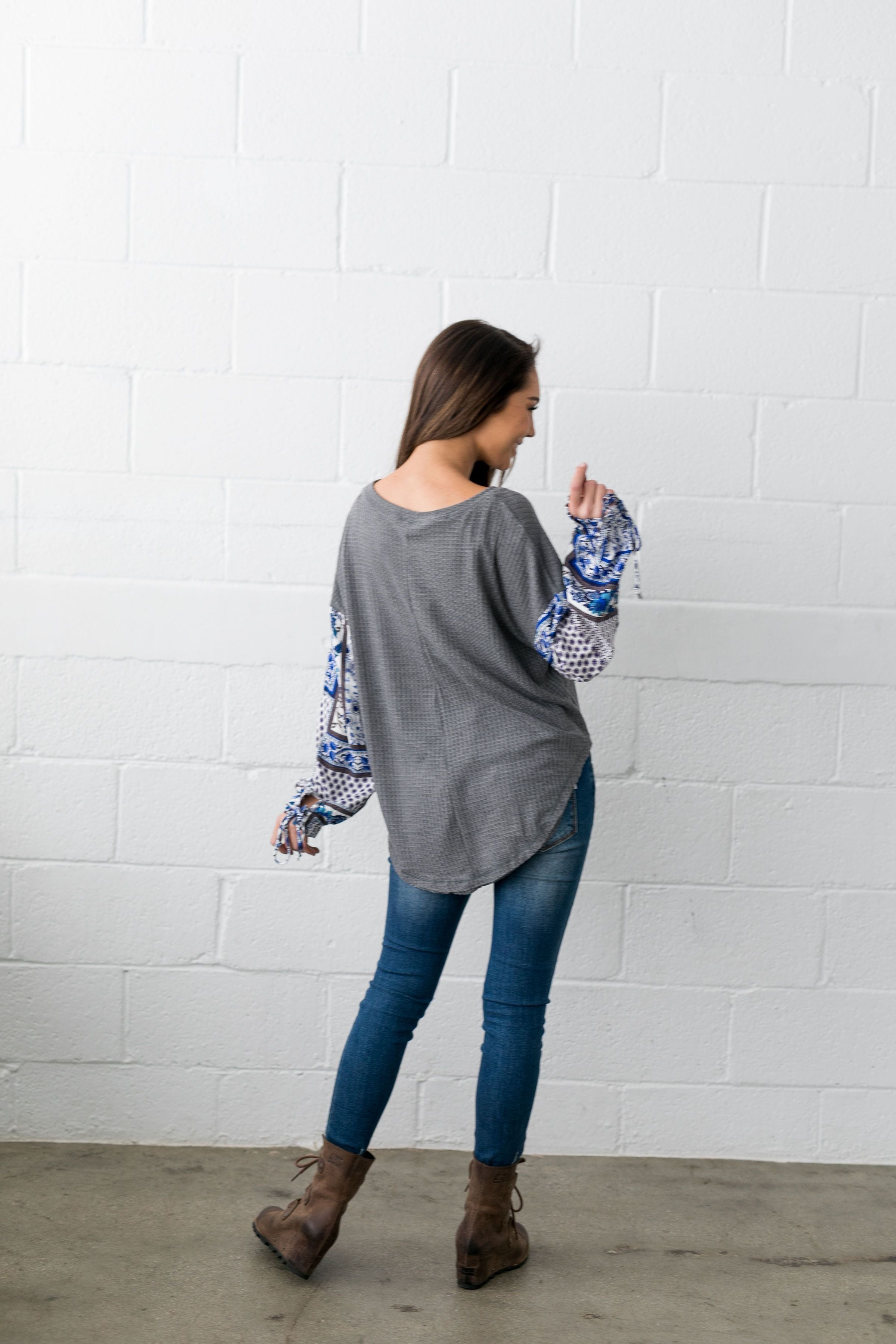 Patchwork Of Promises Top In Gray - ALL SALES FINAL