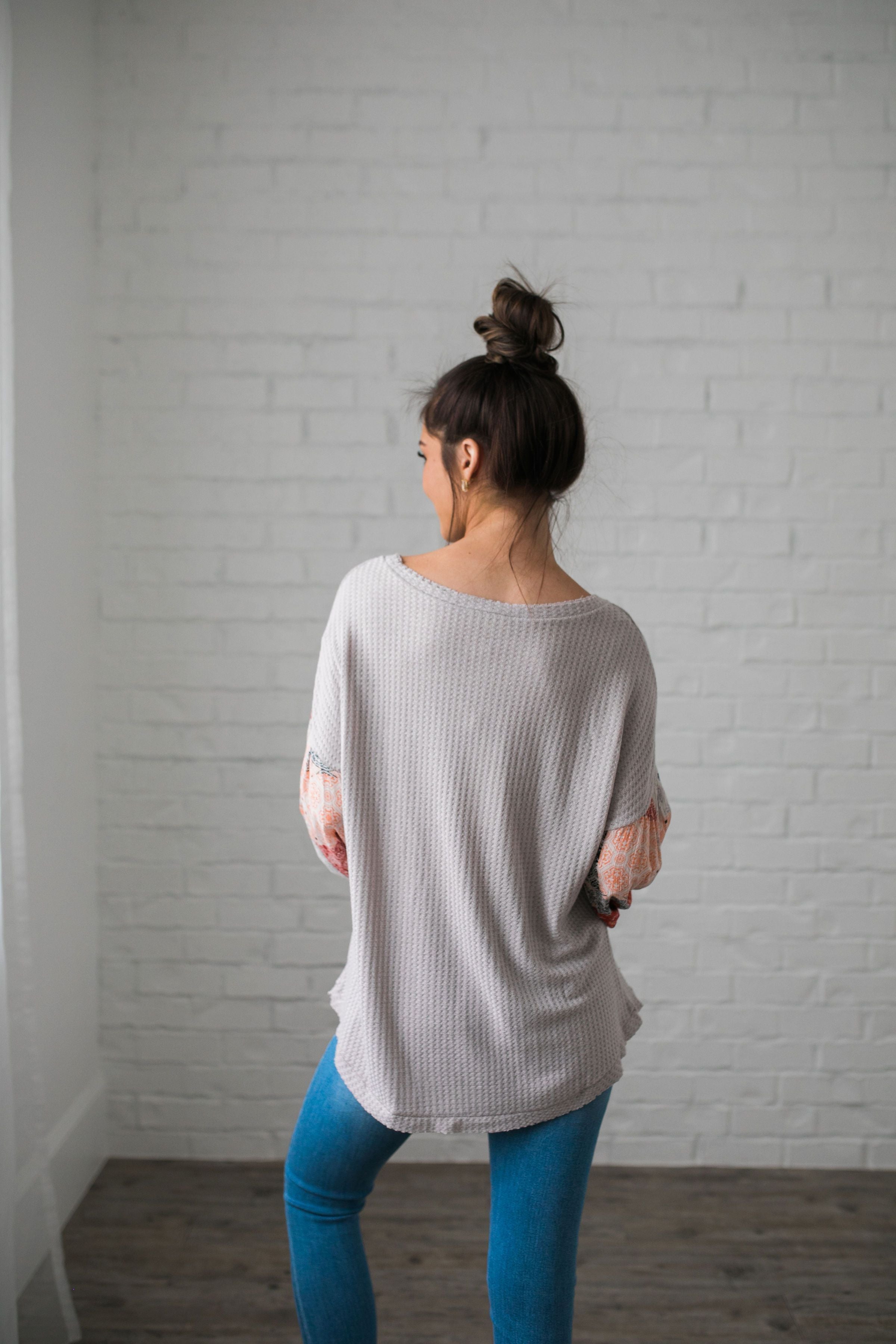 Patchwork Of Promises Top In Taupe - ALL SALES FINAL