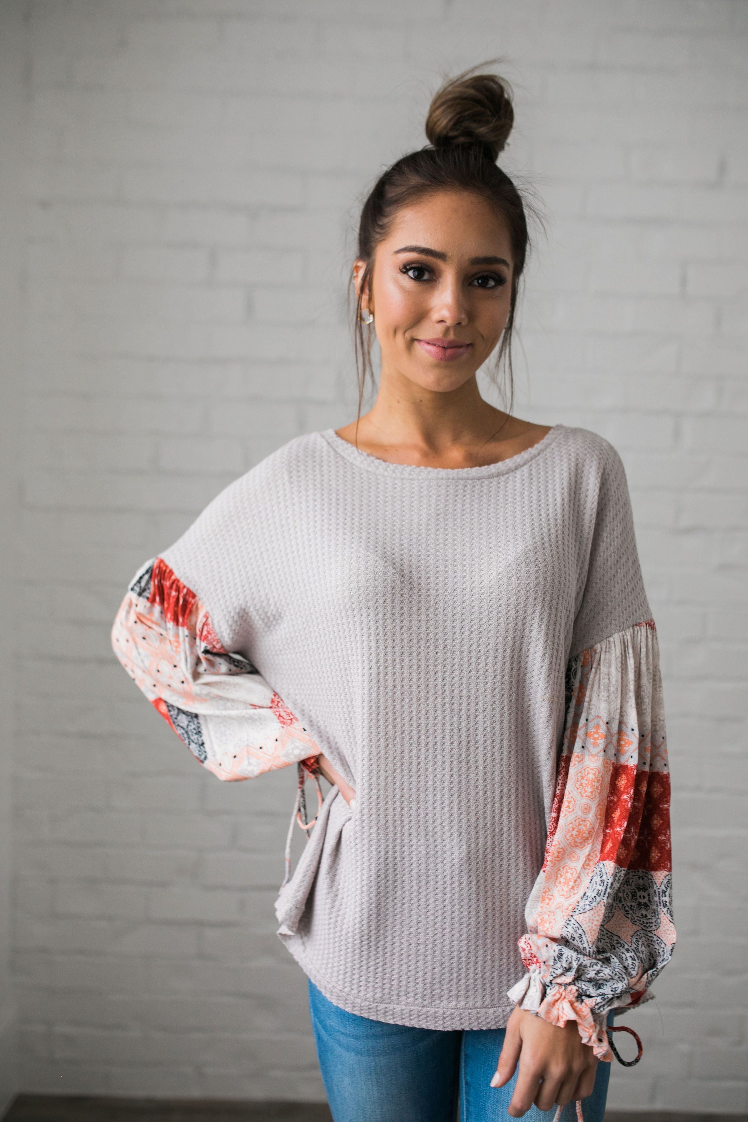 Patchwork Of Promises Top In Taupe - ALL SALES FINAL
