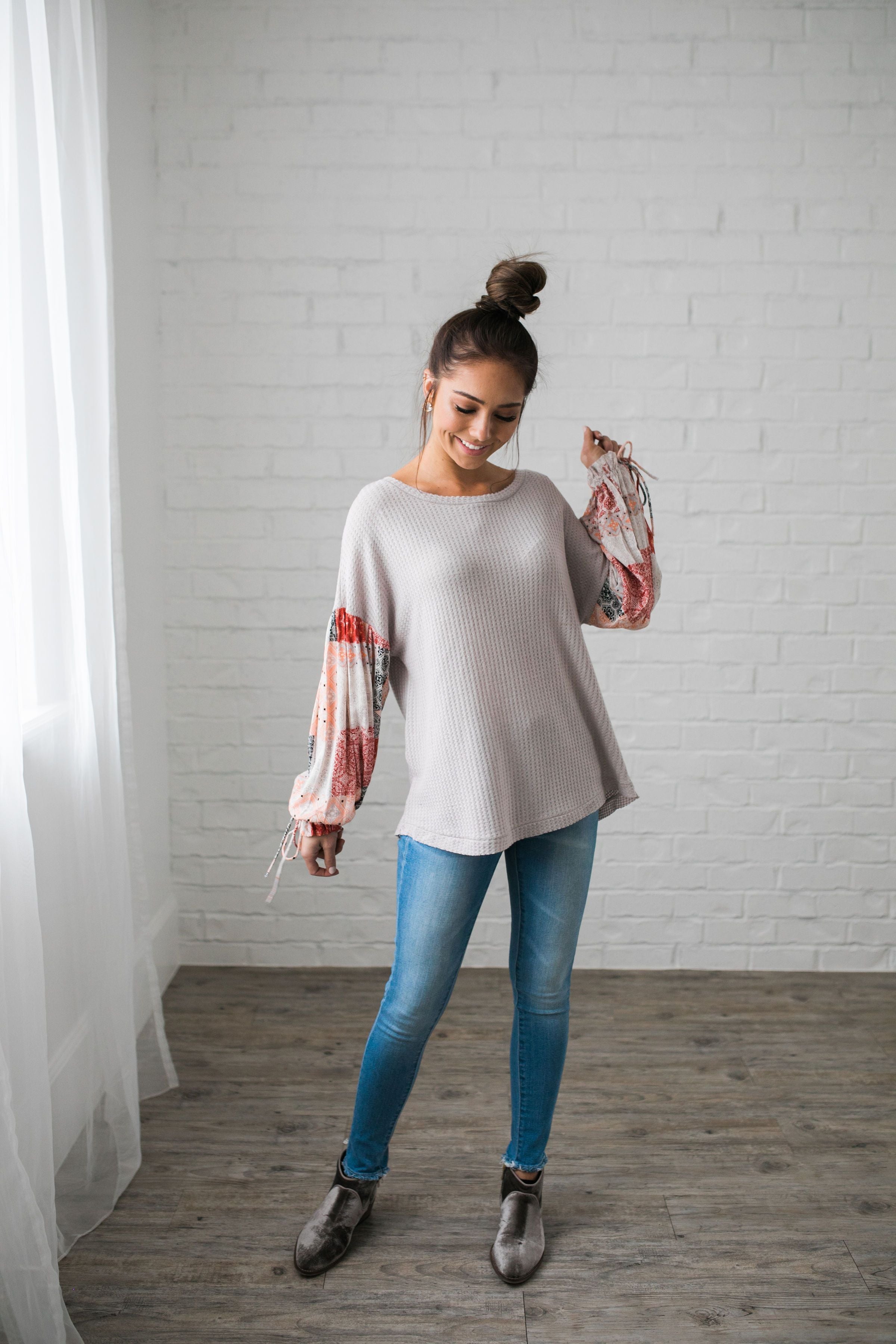 Patchwork Of Promises Top In Taupe - ALL SALES FINAL