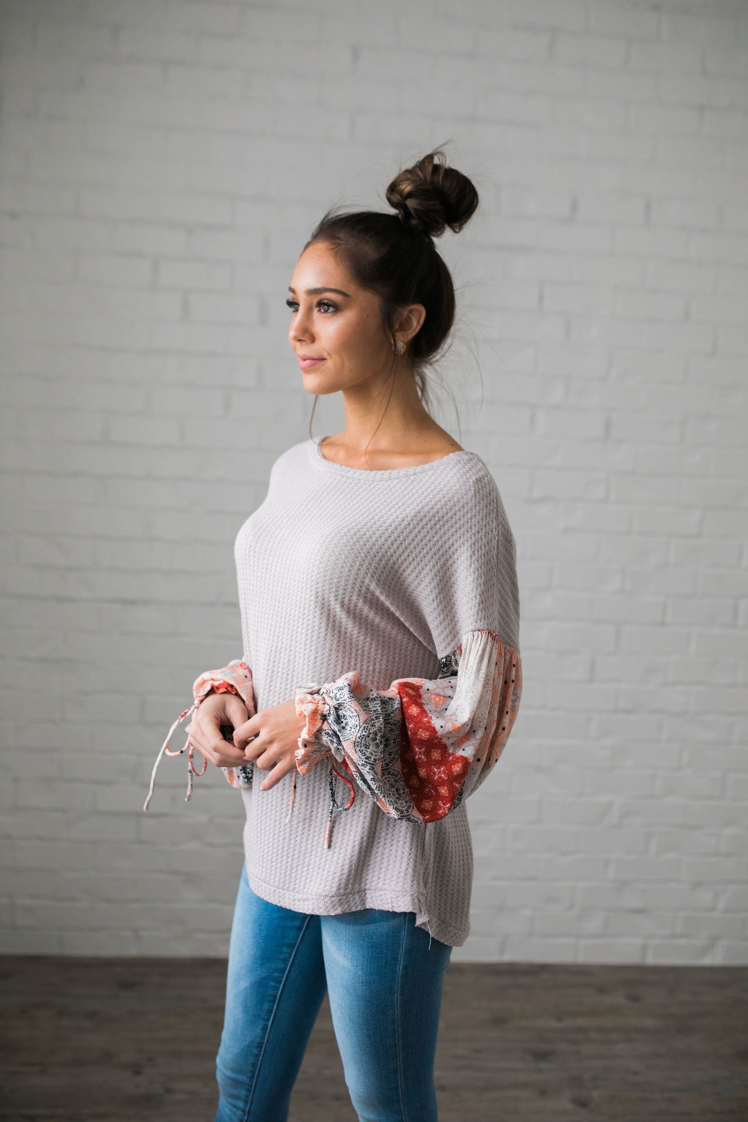 Patchwork Of Promises Top In Taupe - ALL SALES FINAL
