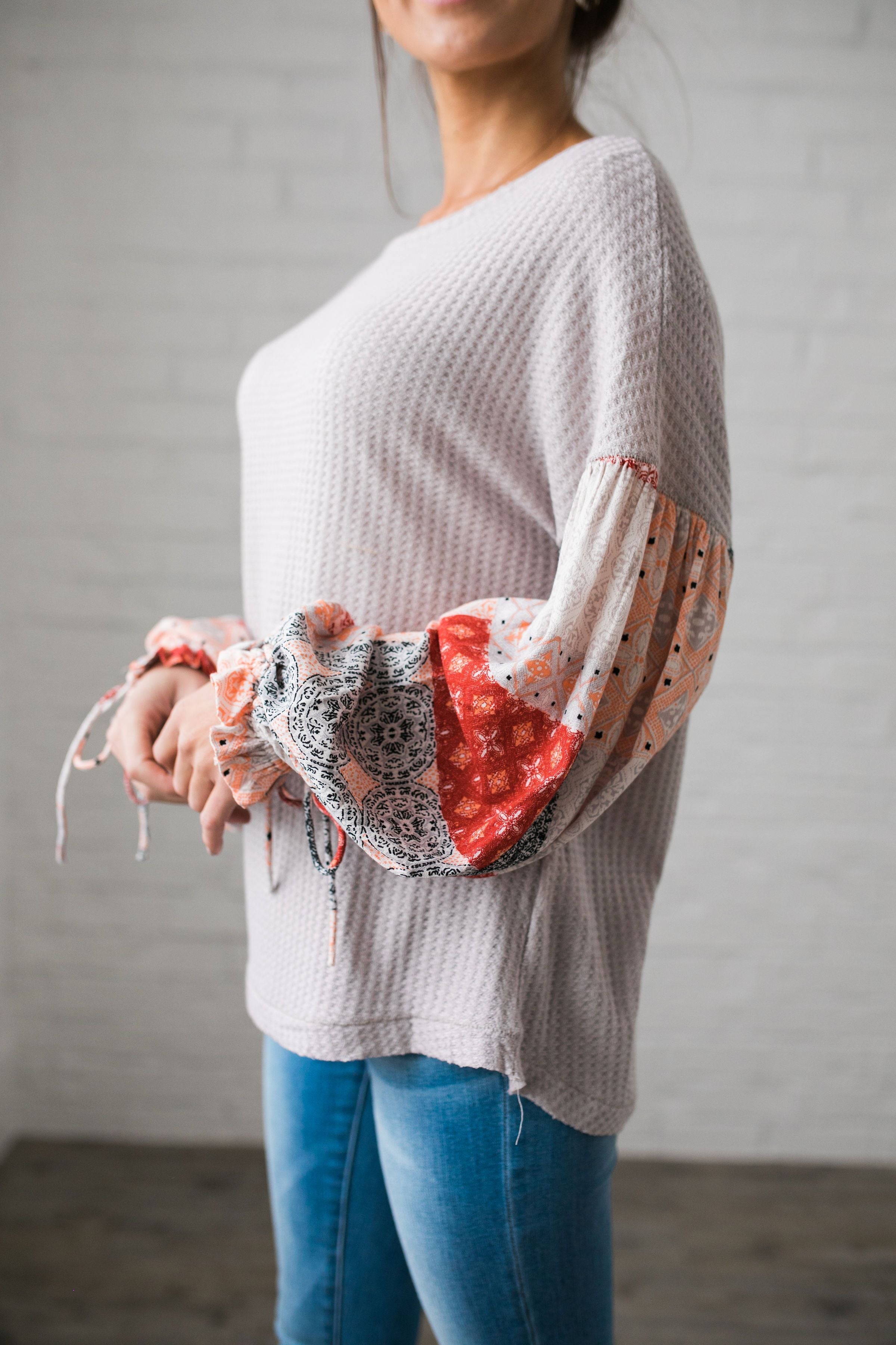 Patchwork Of Promises Top In Taupe - ALL SALES FINAL