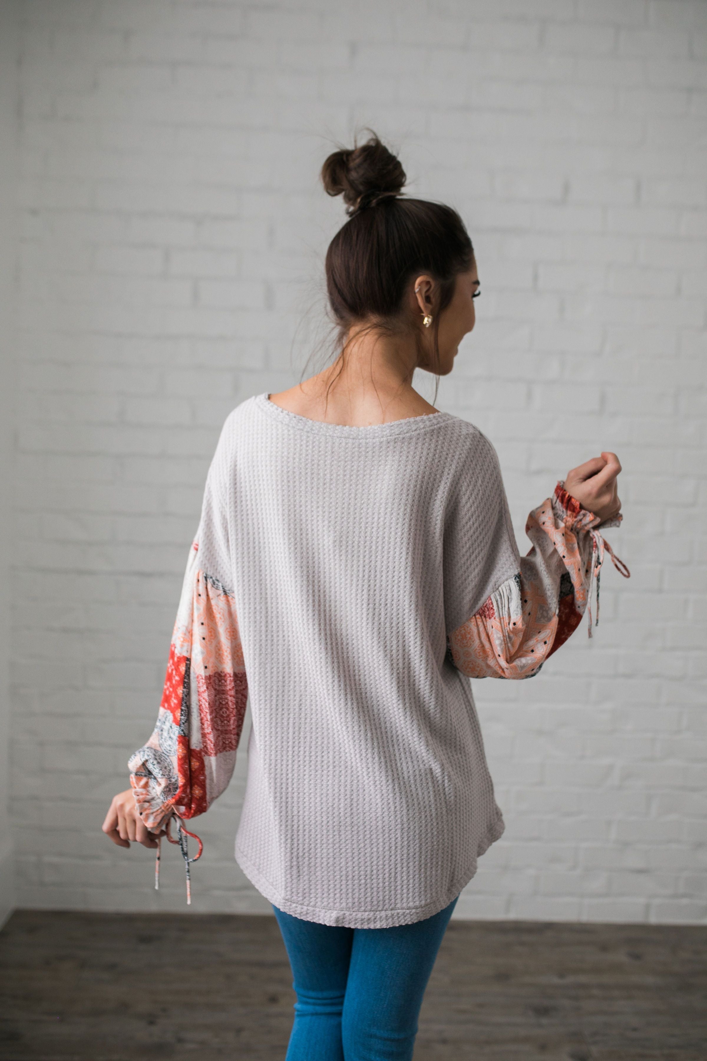 Patchwork Of Promises Top In Taupe - ALL SALES FINAL