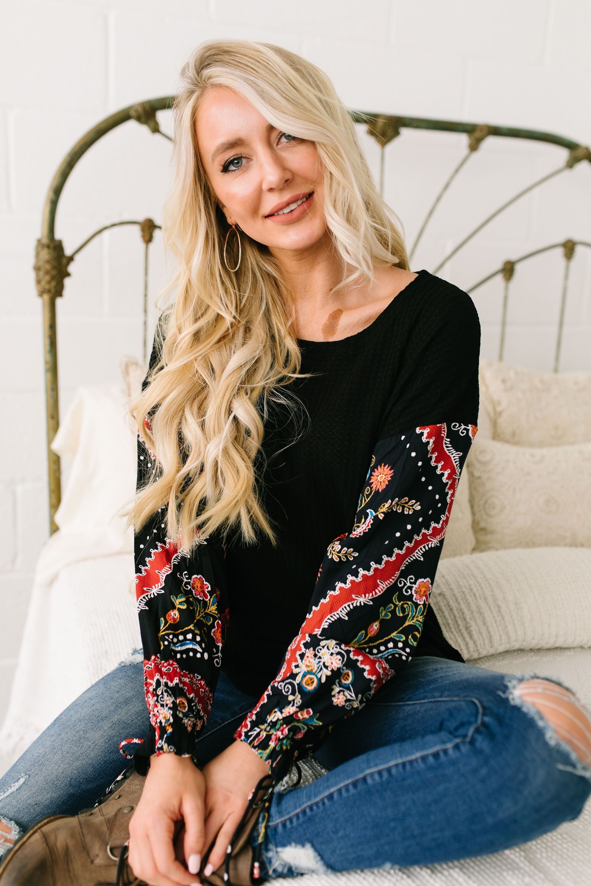 Patchwork Of Promises Waffle Knit Top In Black
