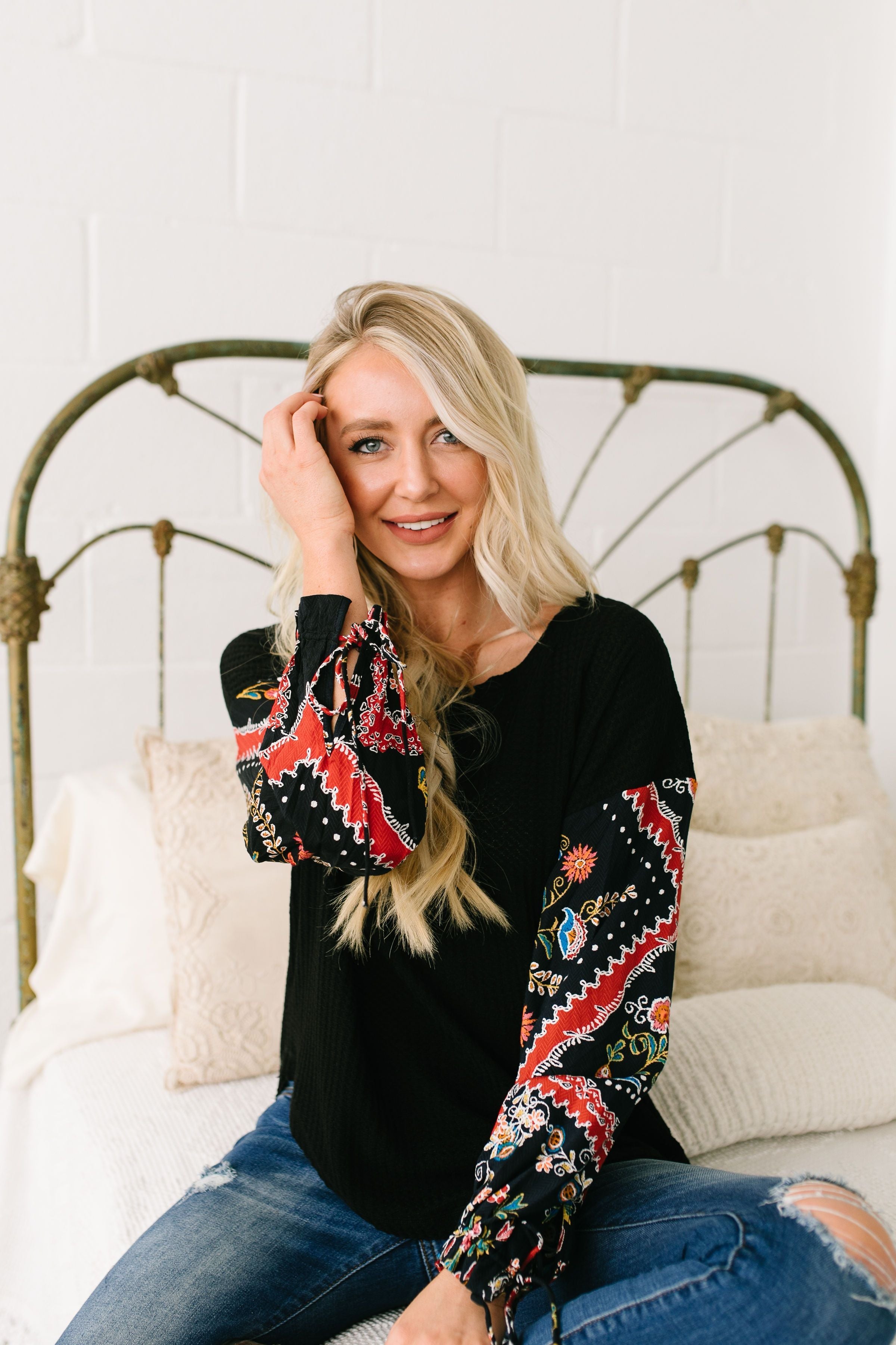 Patchwork Of Promises Waffle Knit Top In Black