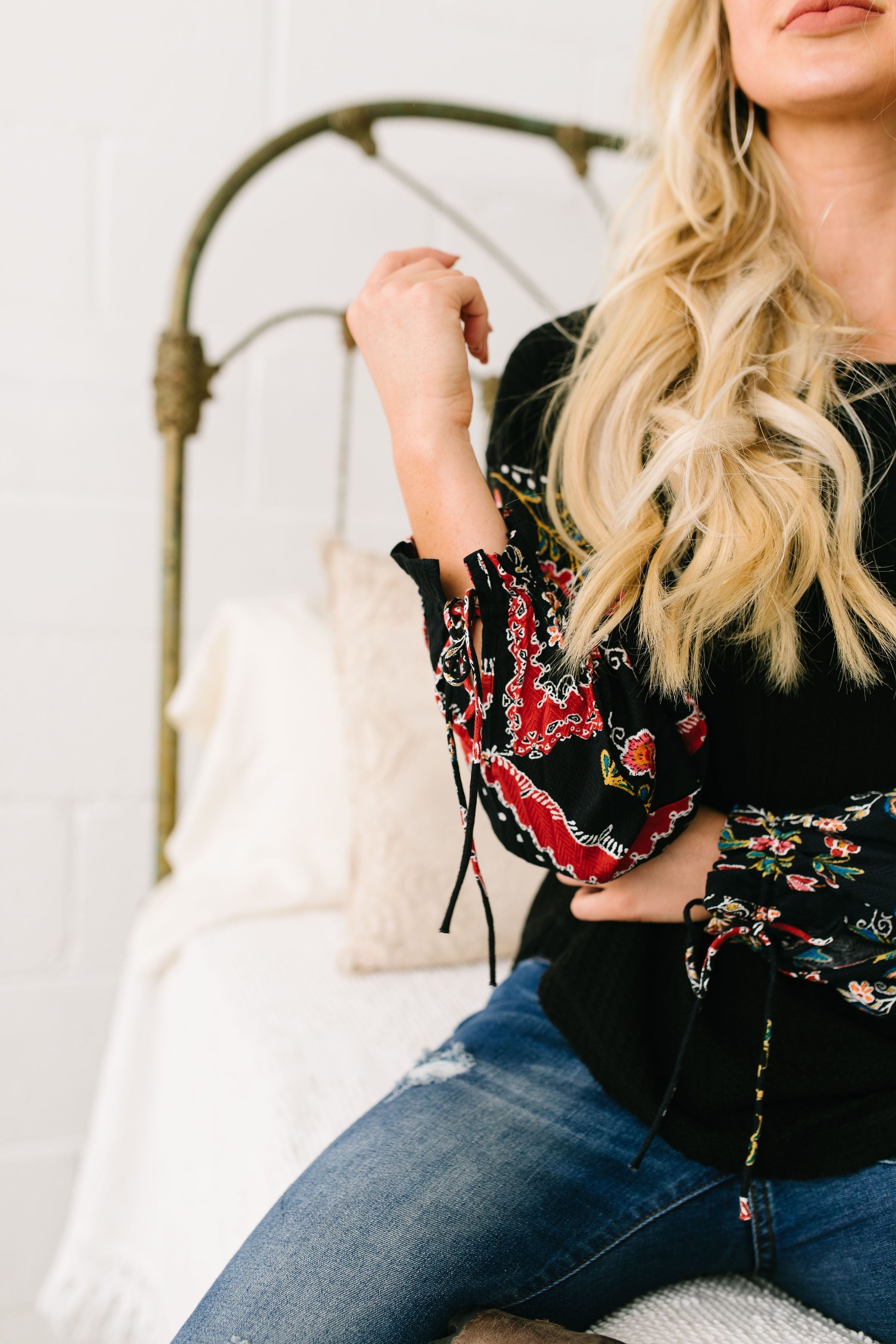 Patchwork Of Promises Waffle Knit Top In Black