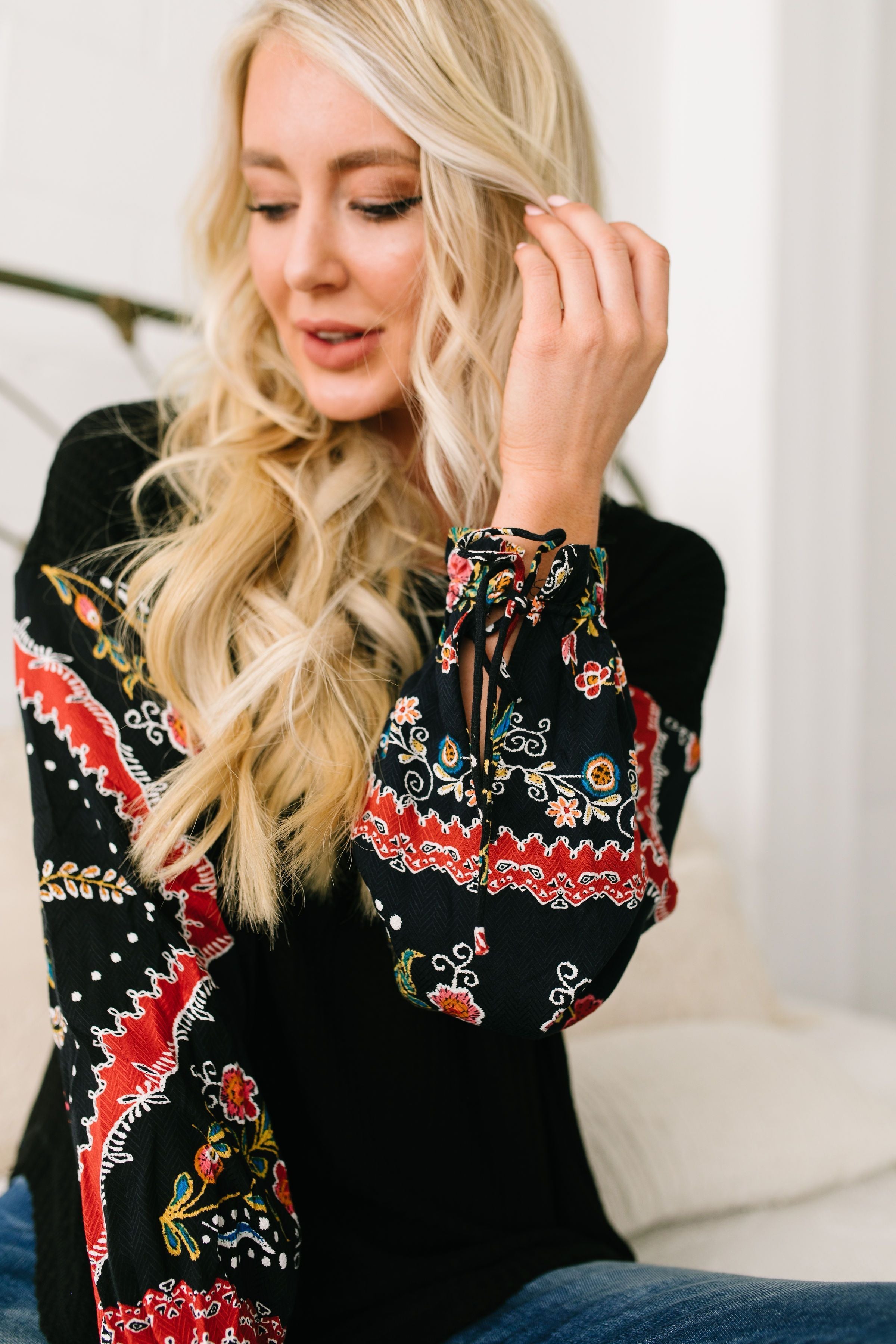Patchwork Of Promises Waffle Knit Top In Black