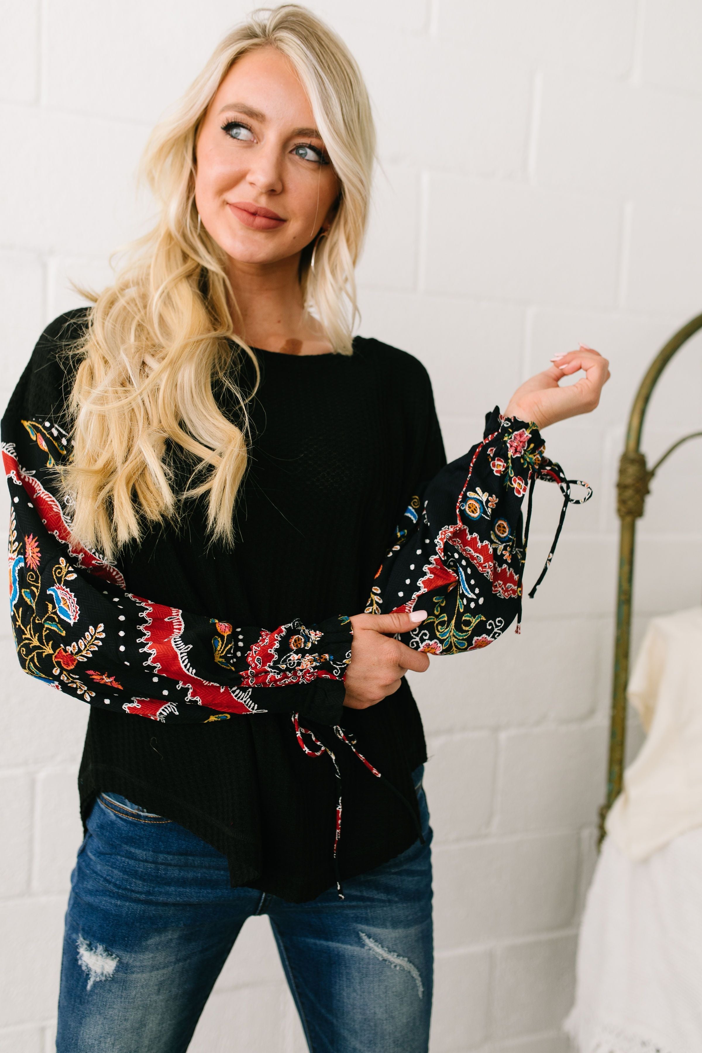 Patchwork Of Promises Waffle Knit Top In Black