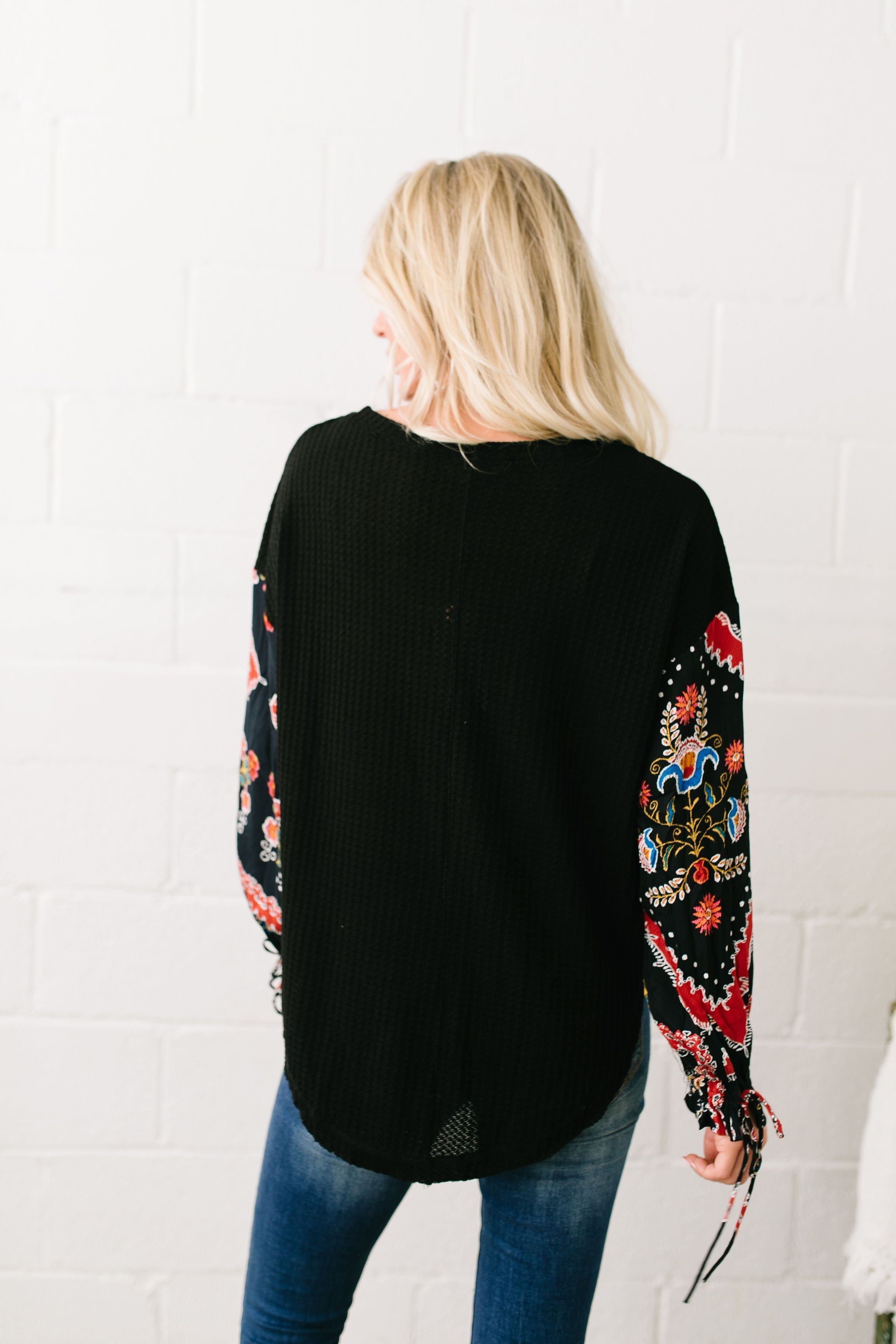 Patchwork Of Promises Waffle Knit Top In Black