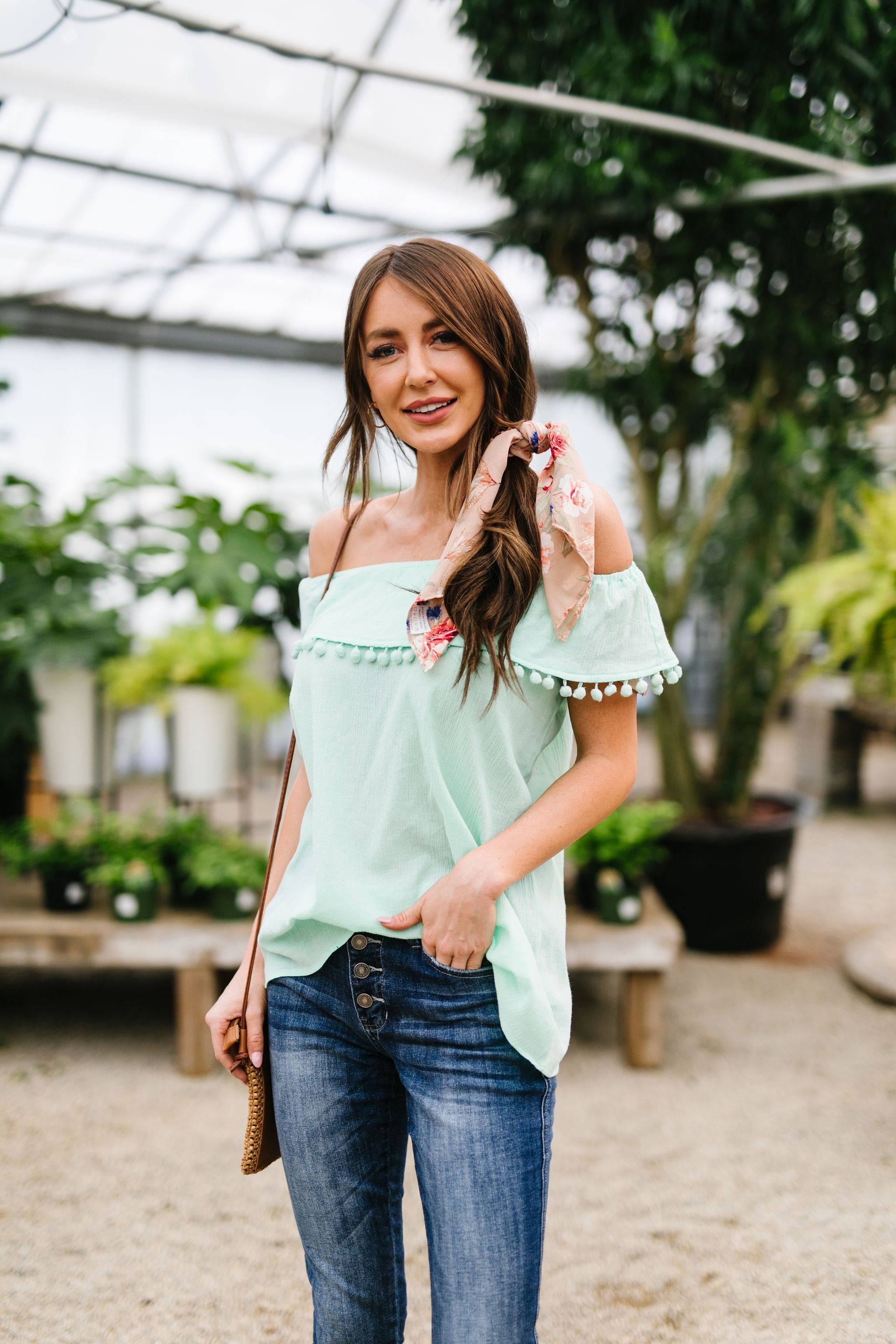 Penelope Pom Pom Off Shoulder Top In Mint