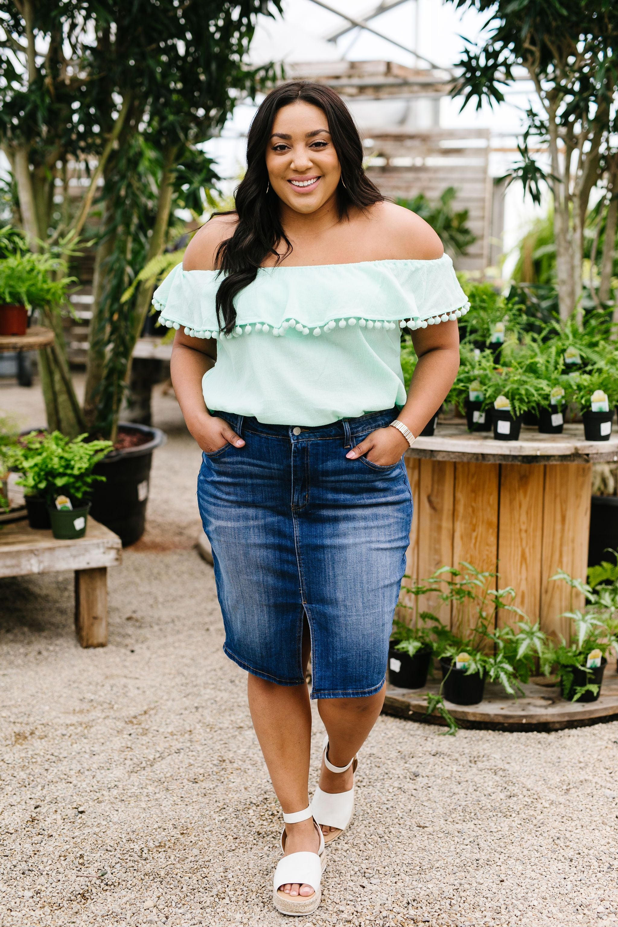 Penelope Pom Pom Off Shoulder Top In Mint